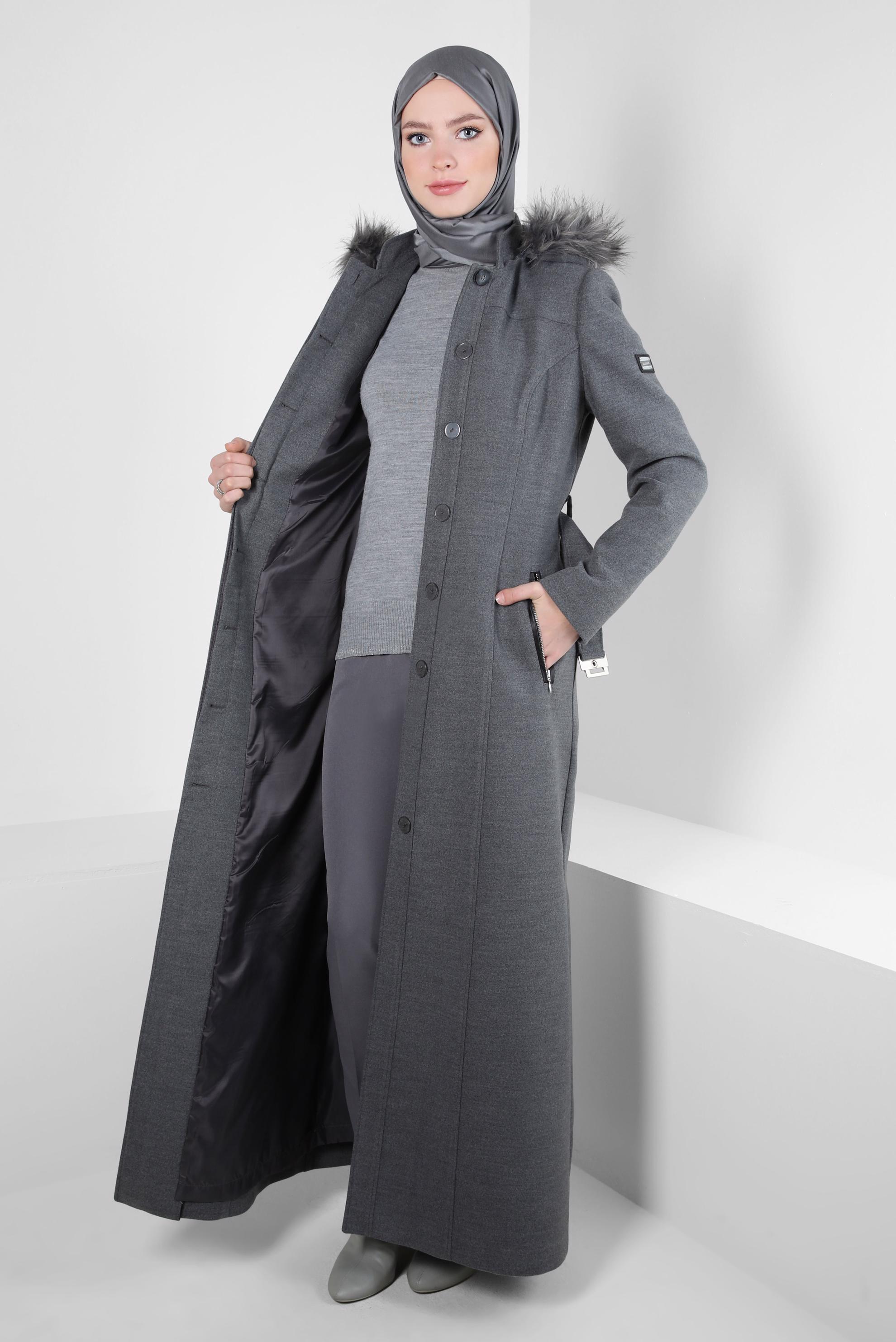Tesettür giyim GRİ KEMERLİ MANTO 90277