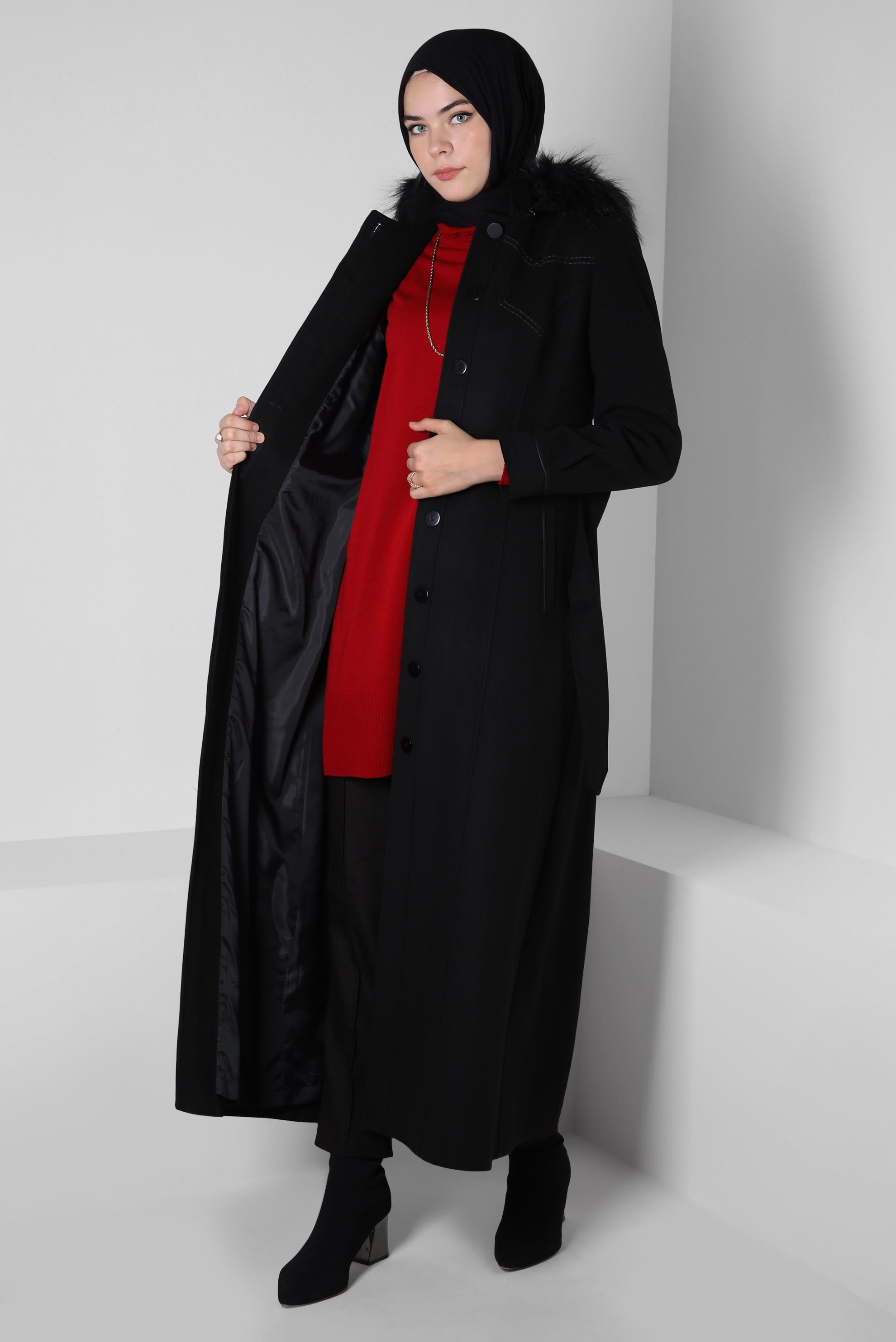 Tesettür giyim SİYAH KAPÜŞONLU KEMERLİ MANTO 90342