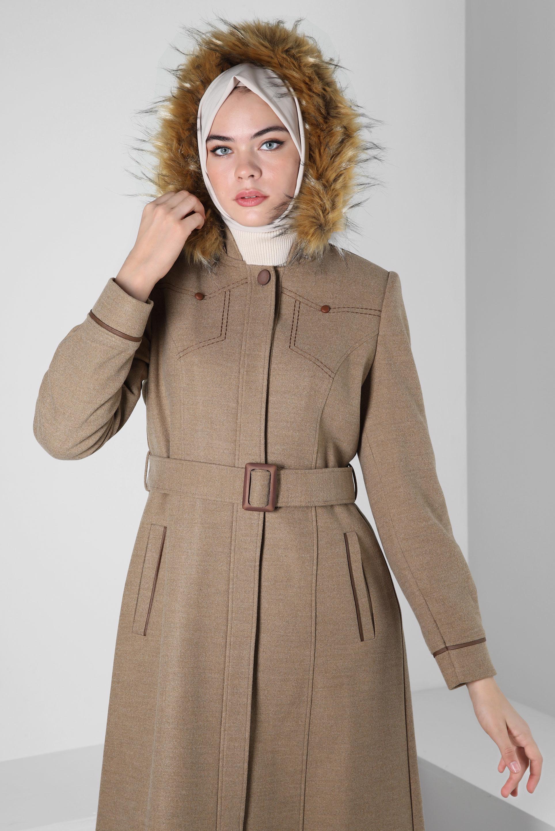 Tesettür giyim VİZON KAPÜŞONLU KEMERLİ MANTO 90342