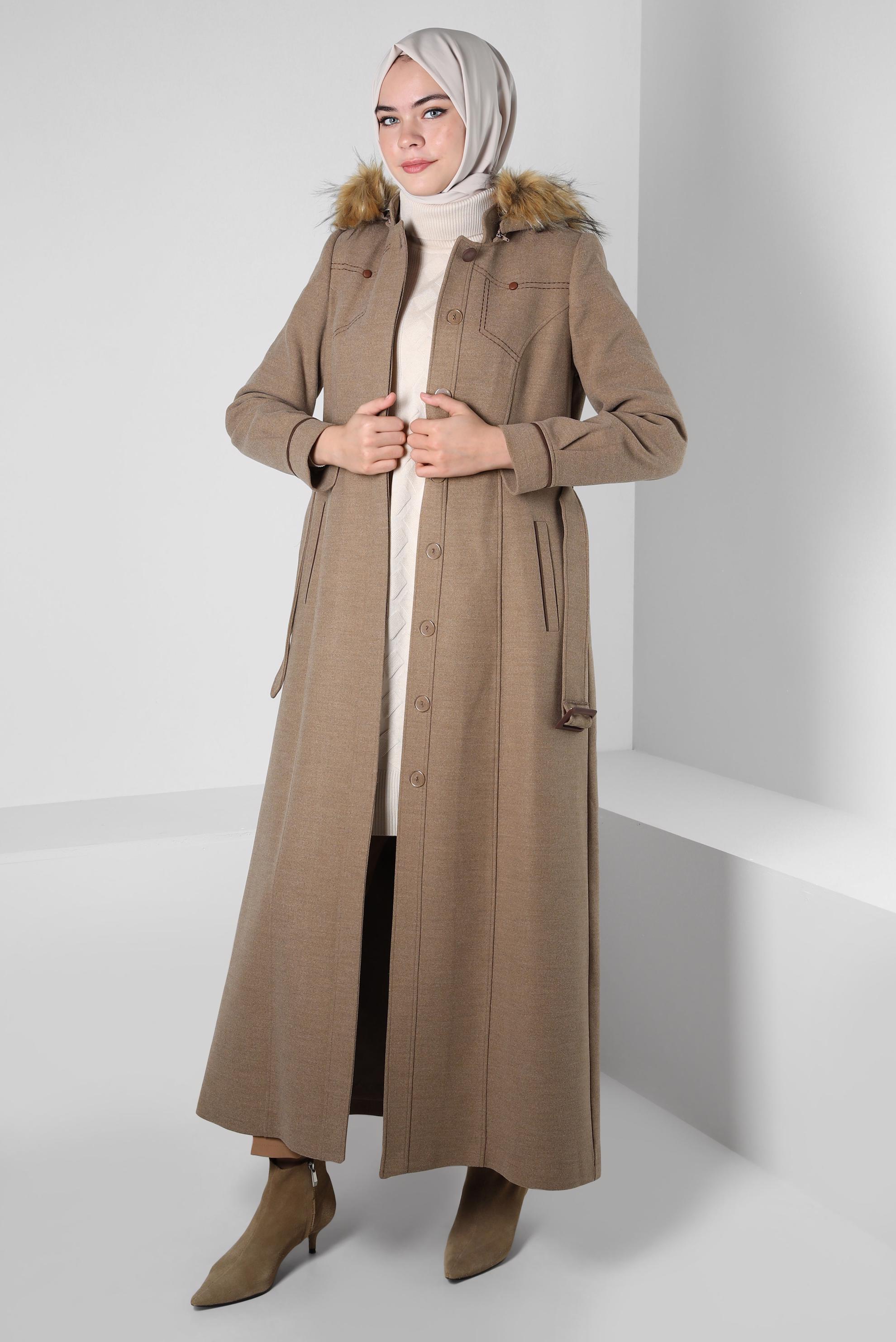 Tesettür giyim VİZON KAPÜŞONLU KEMERLİ MANTO 90342