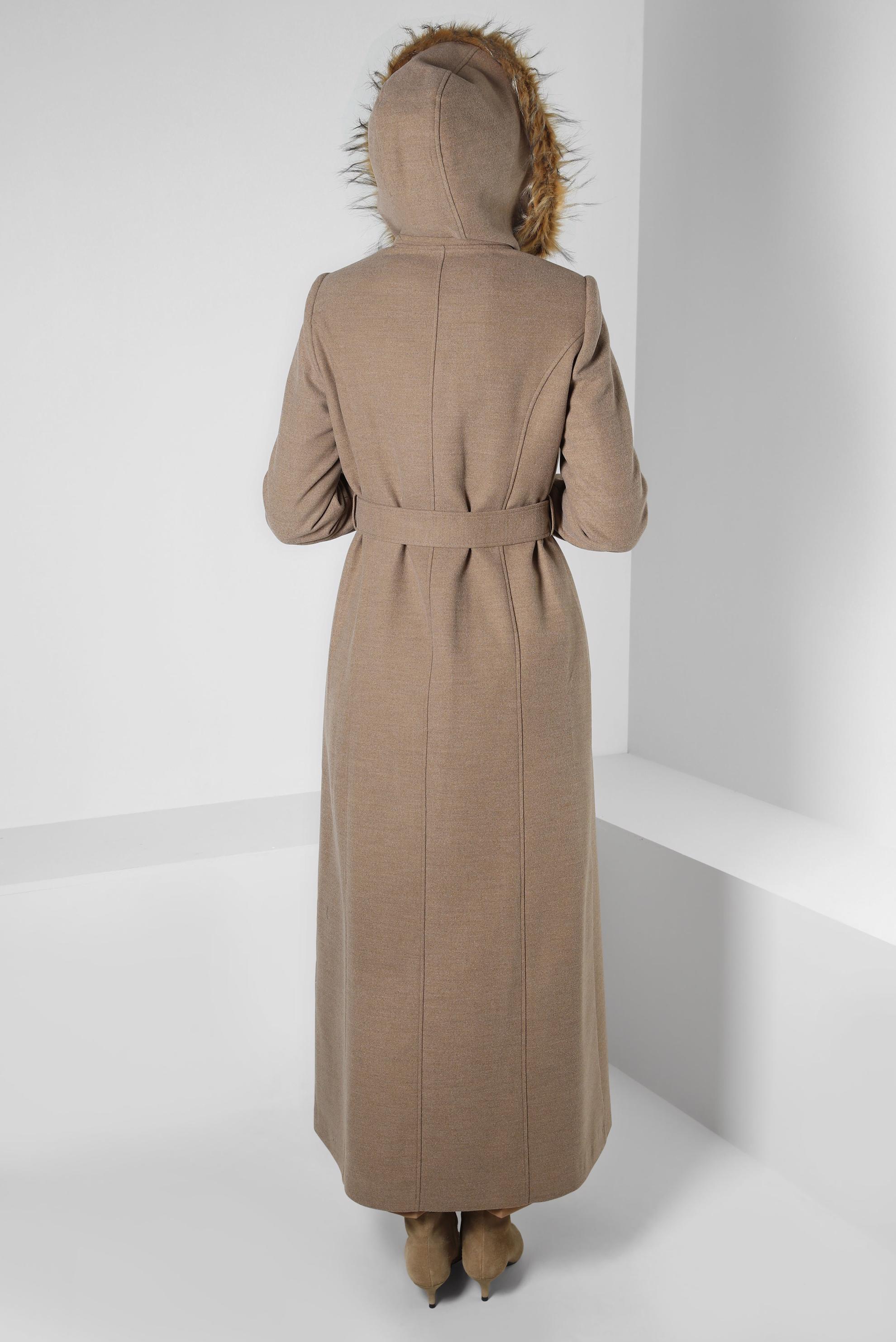 Tesettür giyim VİZON KAPÜŞONLU KEMERLİ MANTO 90342