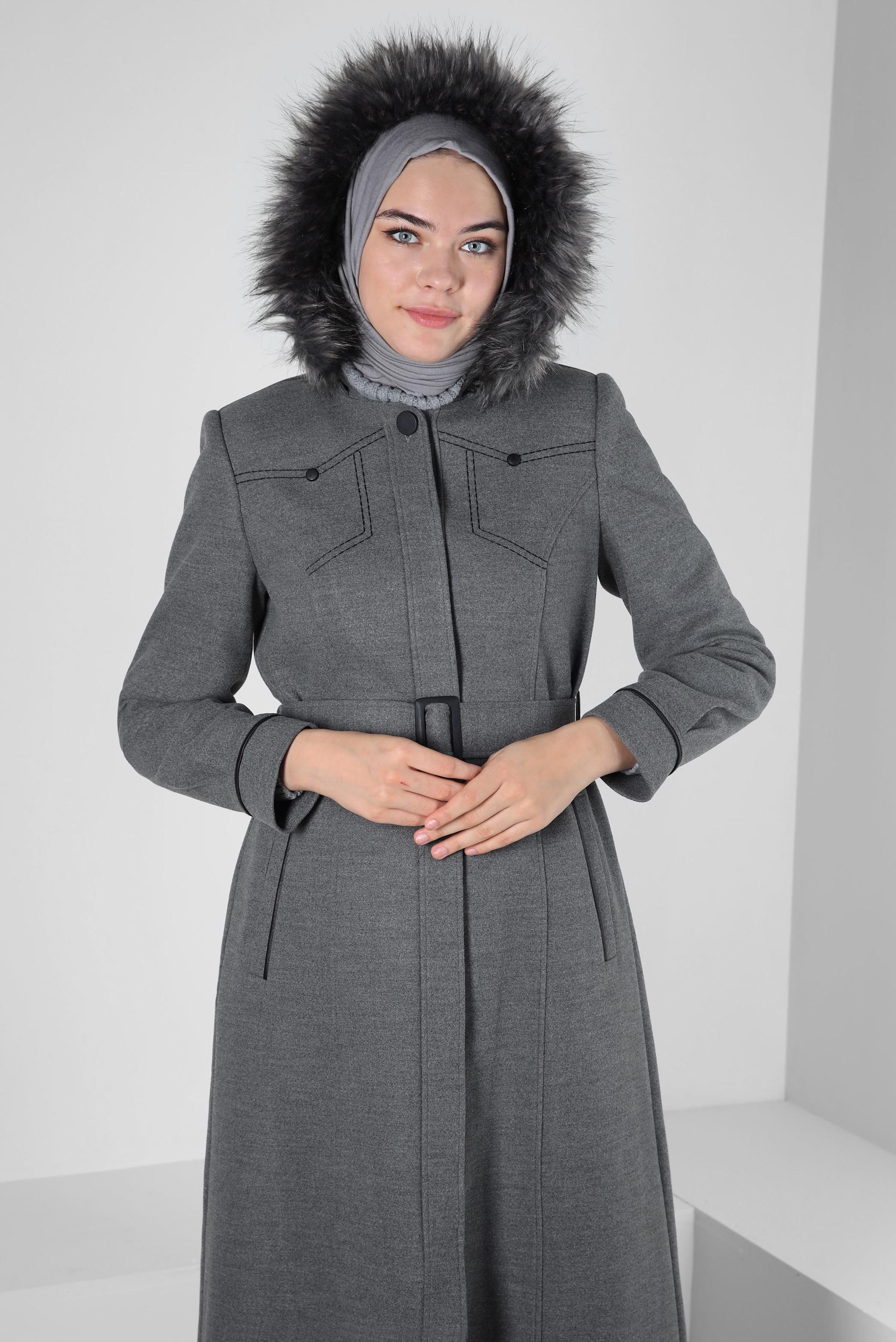 Vêtements hijab GRIS MANTEAU À CAPUCHE ET CEINTURE 90342