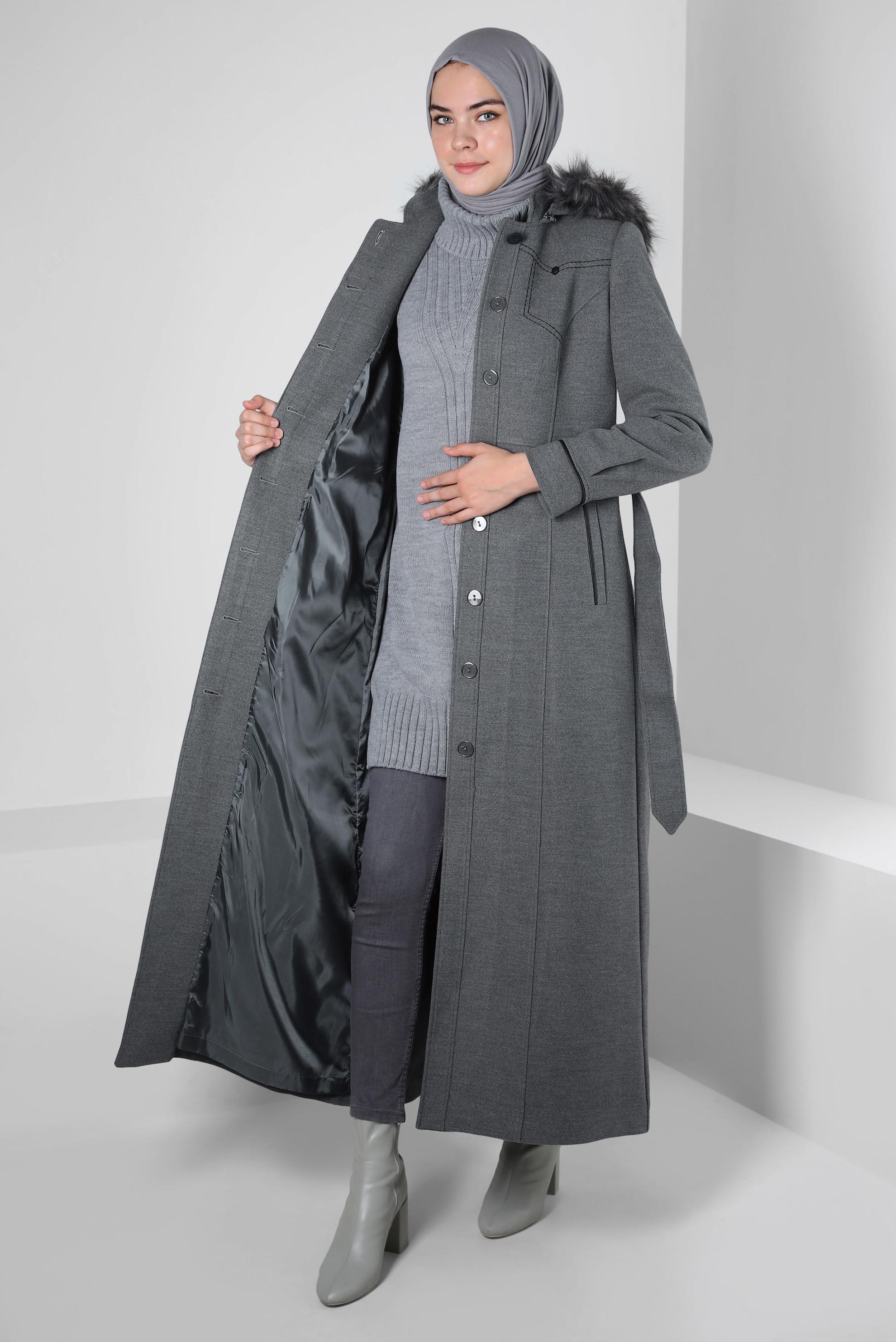 Vêtements hijab GRIS MANTEAU À CAPUCHE ET CEINTURE 90342