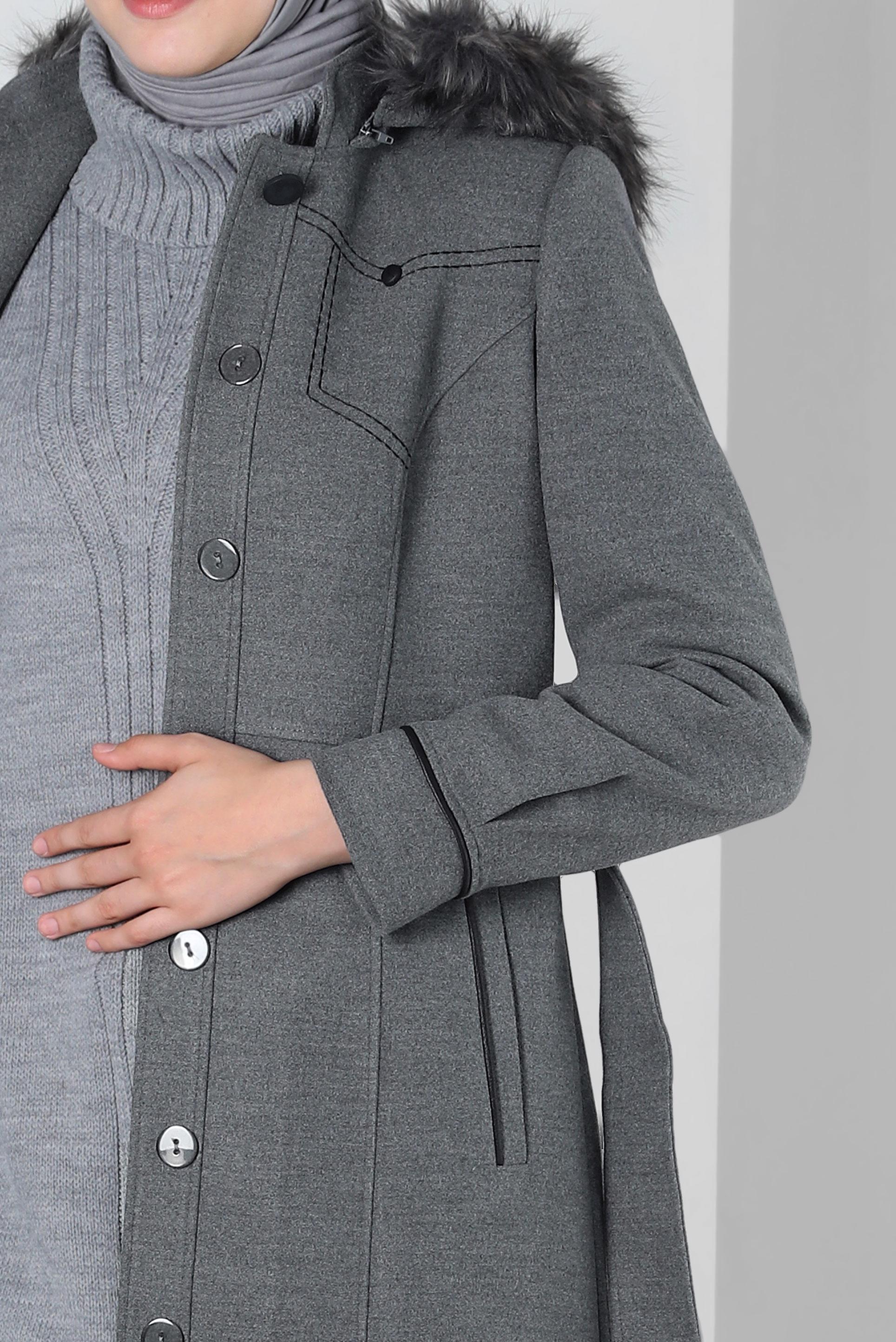 Vêtements hijab GRIS MANTEAU À CAPUCHE ET CEINTURE 90342