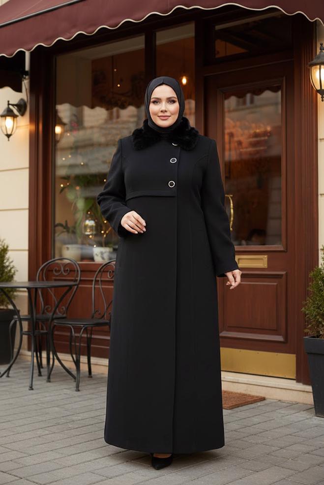 Hijab clothing BLACK OVERCOAT WITH FUR 90367 - ALVİNA