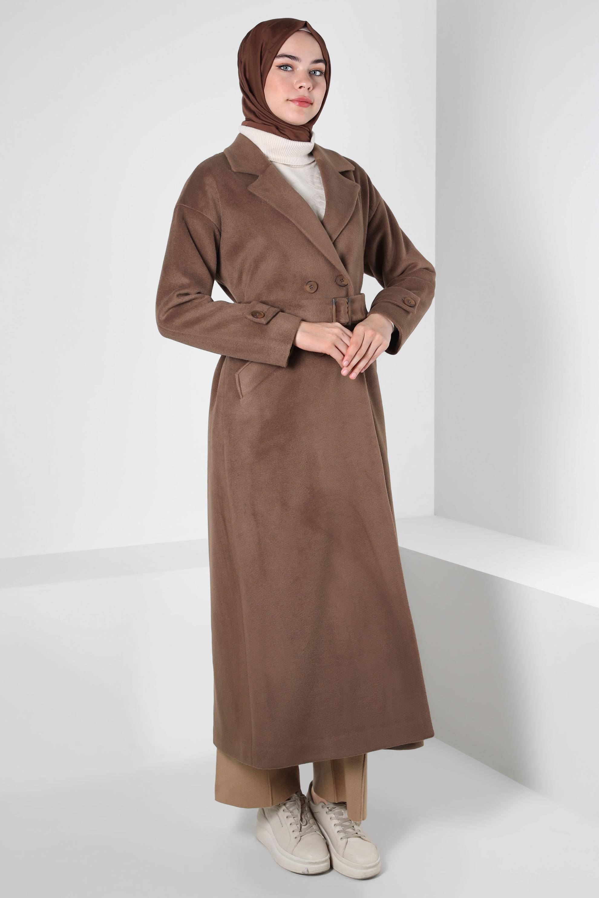 Tesettür giyim KAHVE KEMERLİ MANTO 90400