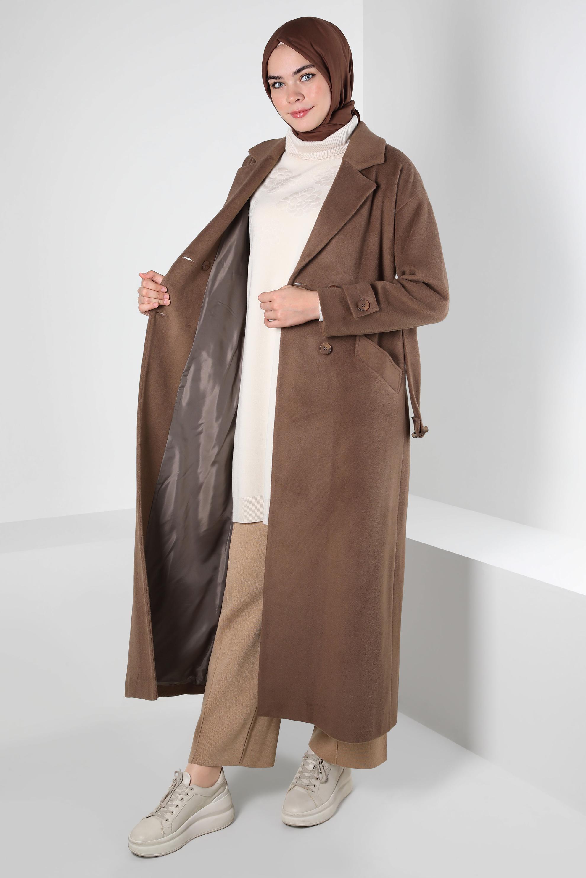 Tesettür giyim KAHVE KEMERLİ MANTO 90400