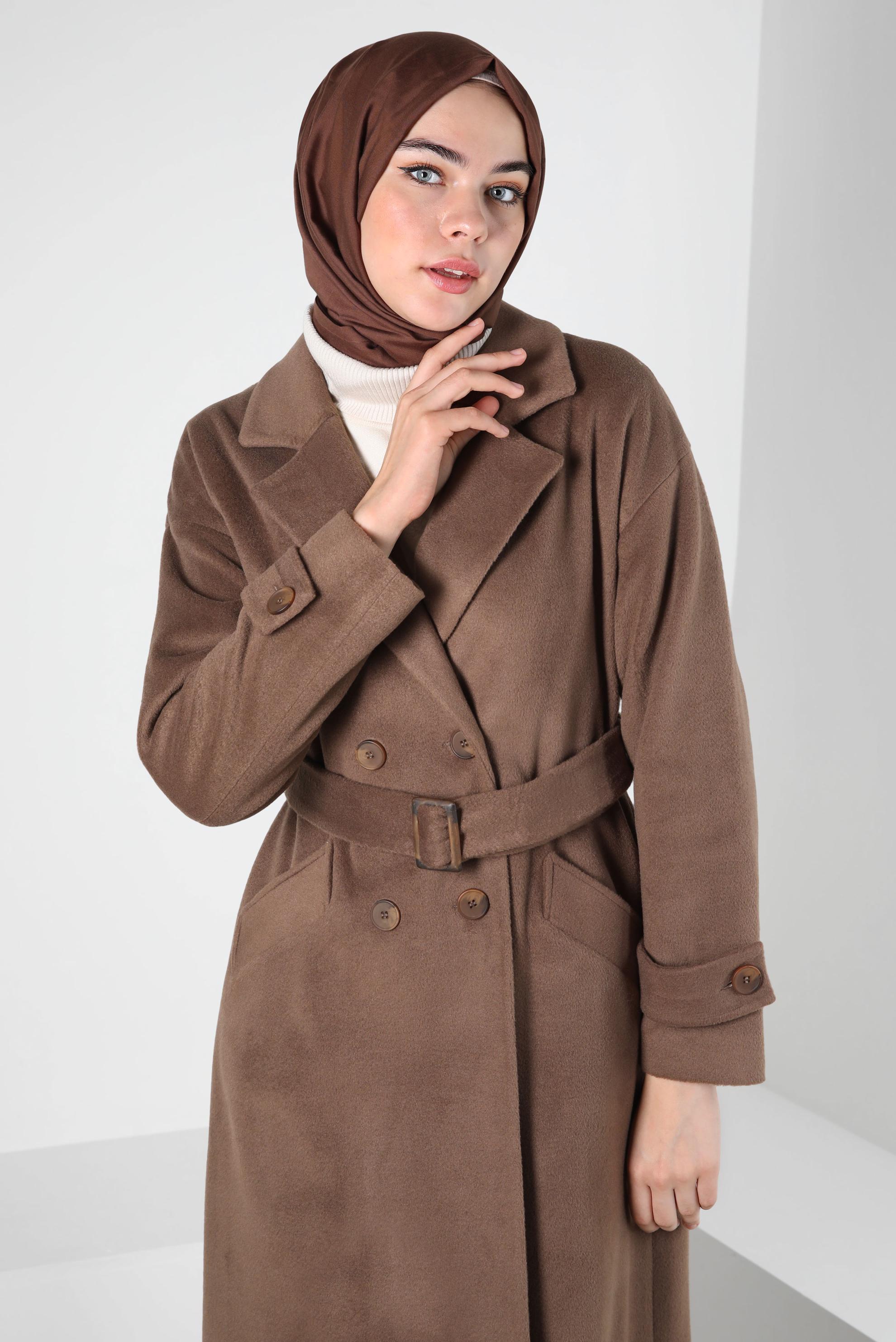 Tesettür giyim KAHVE KEMERLİ MANTO 90400