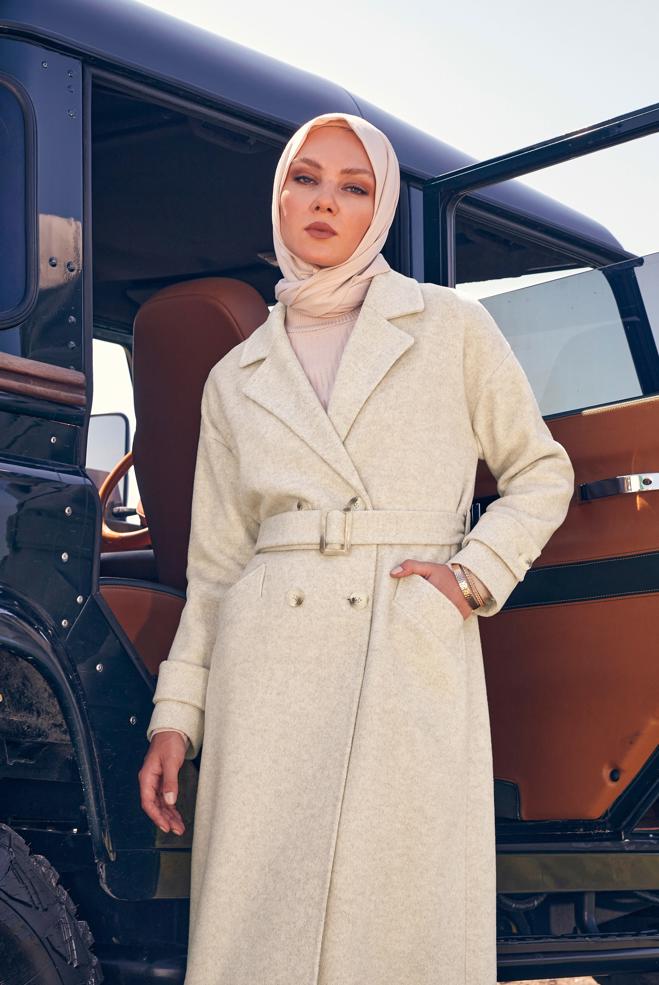 Vêtements hijab ÉCRUE MANTEAU CEINTURE 90400 - ALVİNA