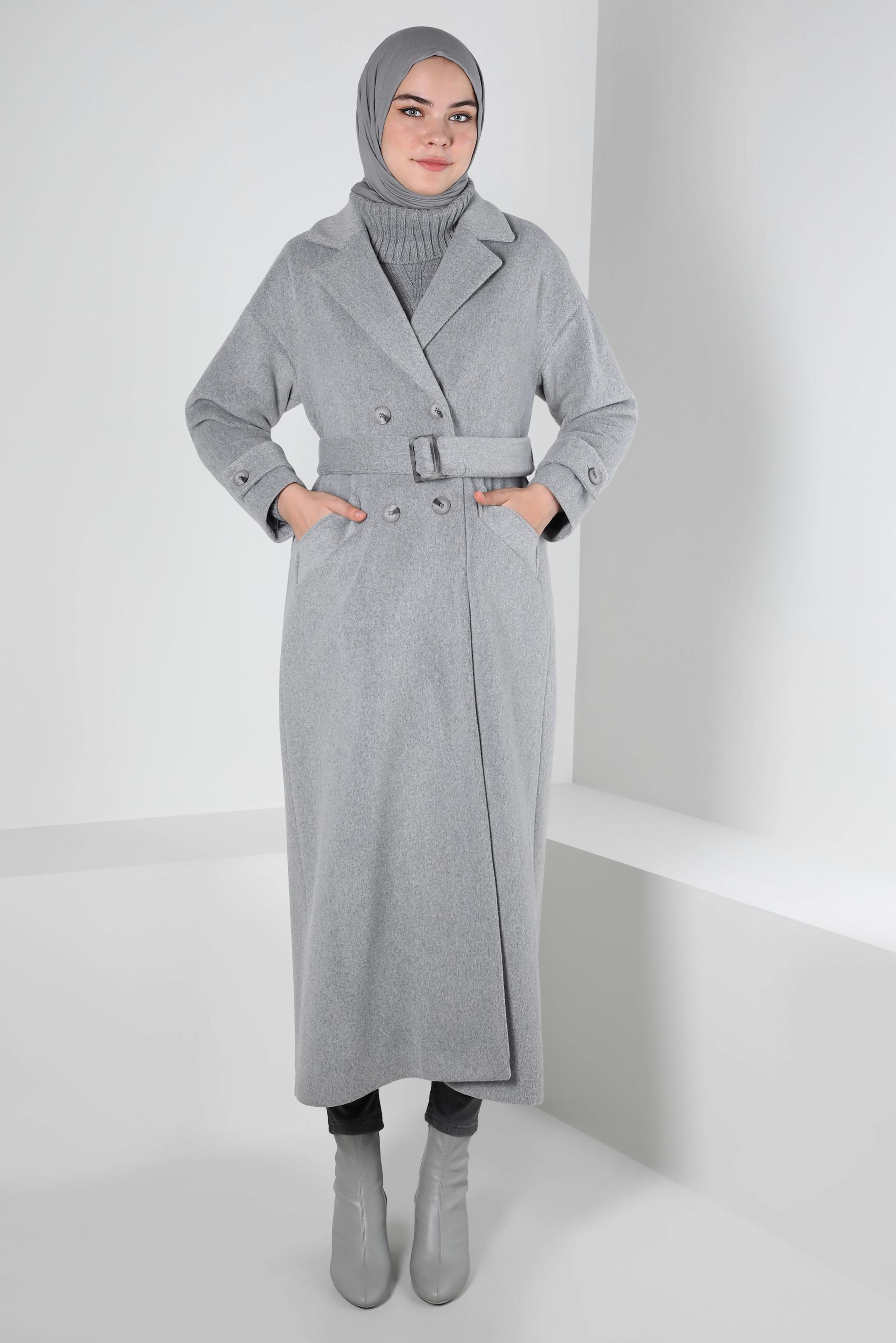 Tesettür giyim GRİ KEMERLİ MANTO 90400