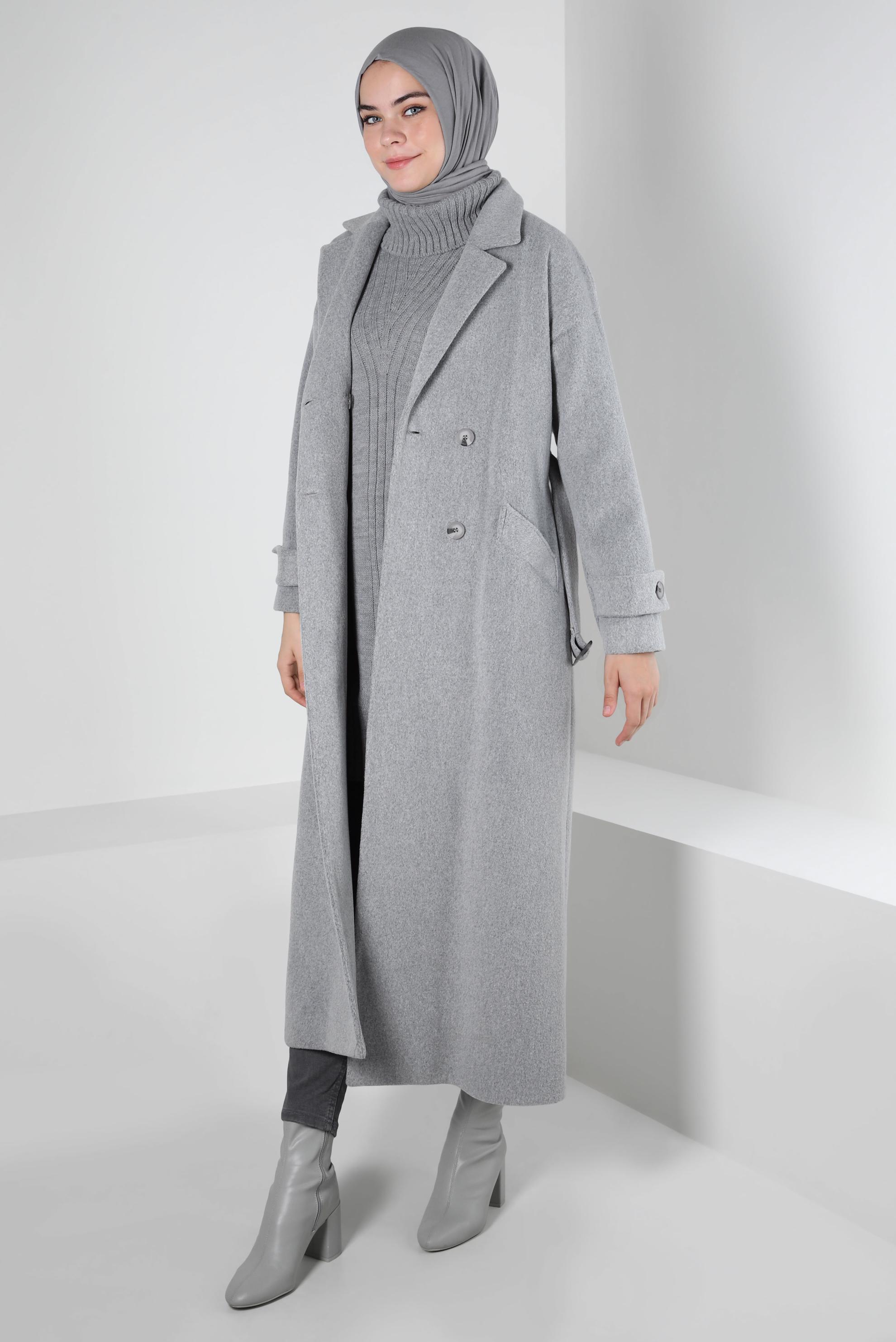 Tesettür giyim GRİ KEMERLİ MANTO 90400