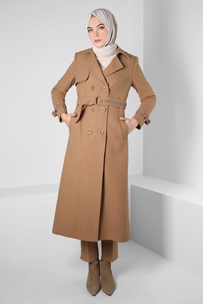 Tesettür giyim KAHVE TAŞLI KEMERLİ MANTO 90408 - ALVİNA