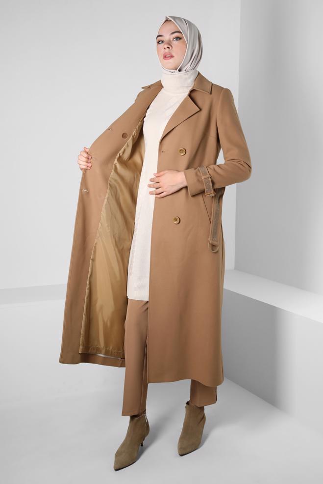 Tesettür giyim KAHVE TAŞLI KEMERLİ MANTO 90408 - ALVİNA