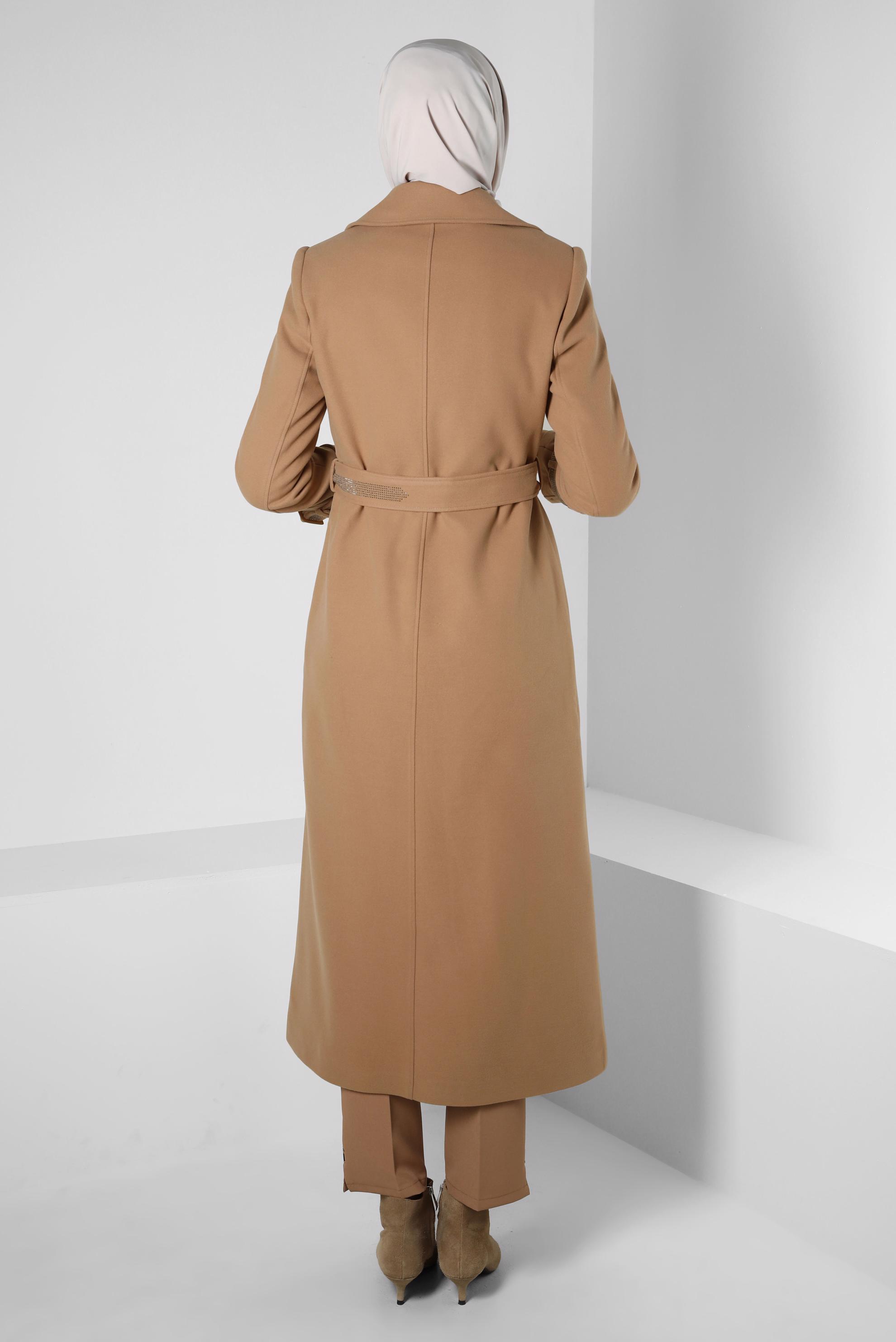 Tesettür giyim KAHVE TAŞLI KEMERLİ MANTO 90408