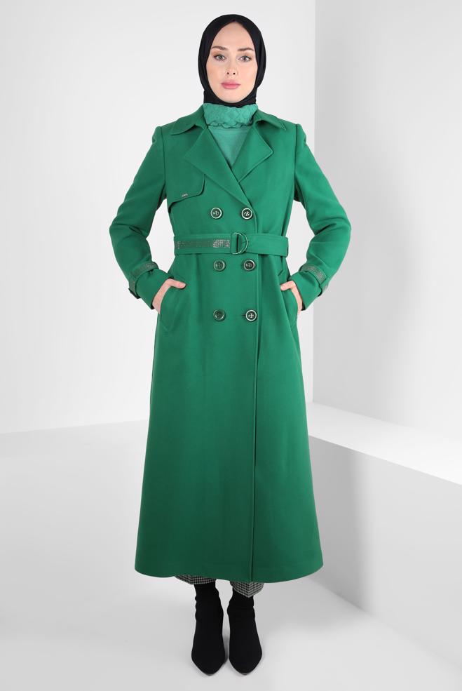 Tesettür giyim YEŞİL TAŞLI KEMERLİ MANTO 90408 - ALVİNA