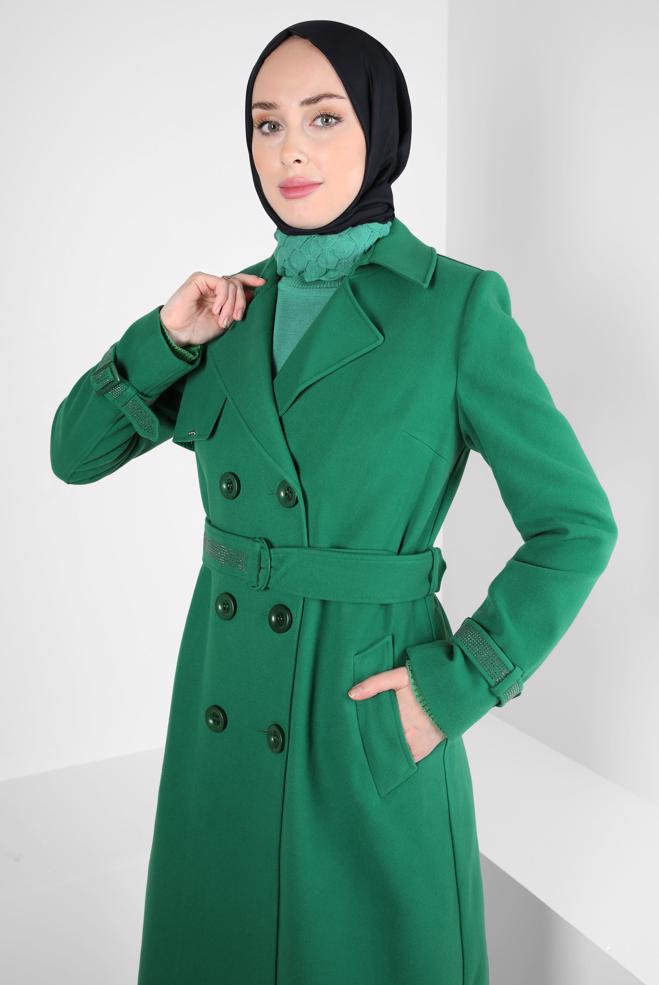 Tesettür giyim YEŞİL TAŞLI KEMERLİ MANTO 90408 - ALVİNA