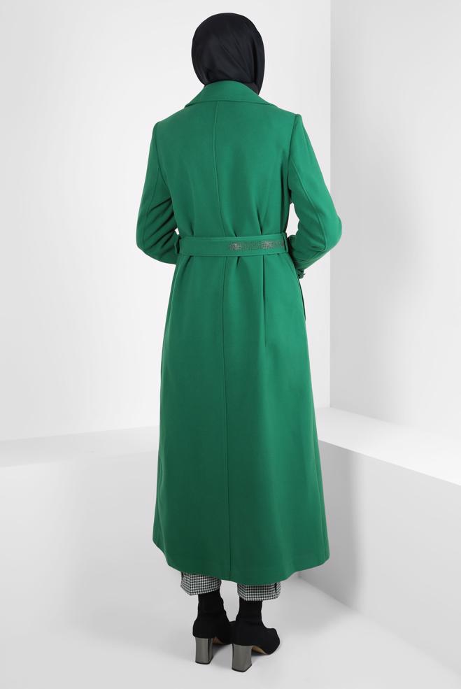 Tesettür giyim YEŞİL TAŞLI KEMERLİ MANTO 90408 - ALVİNA