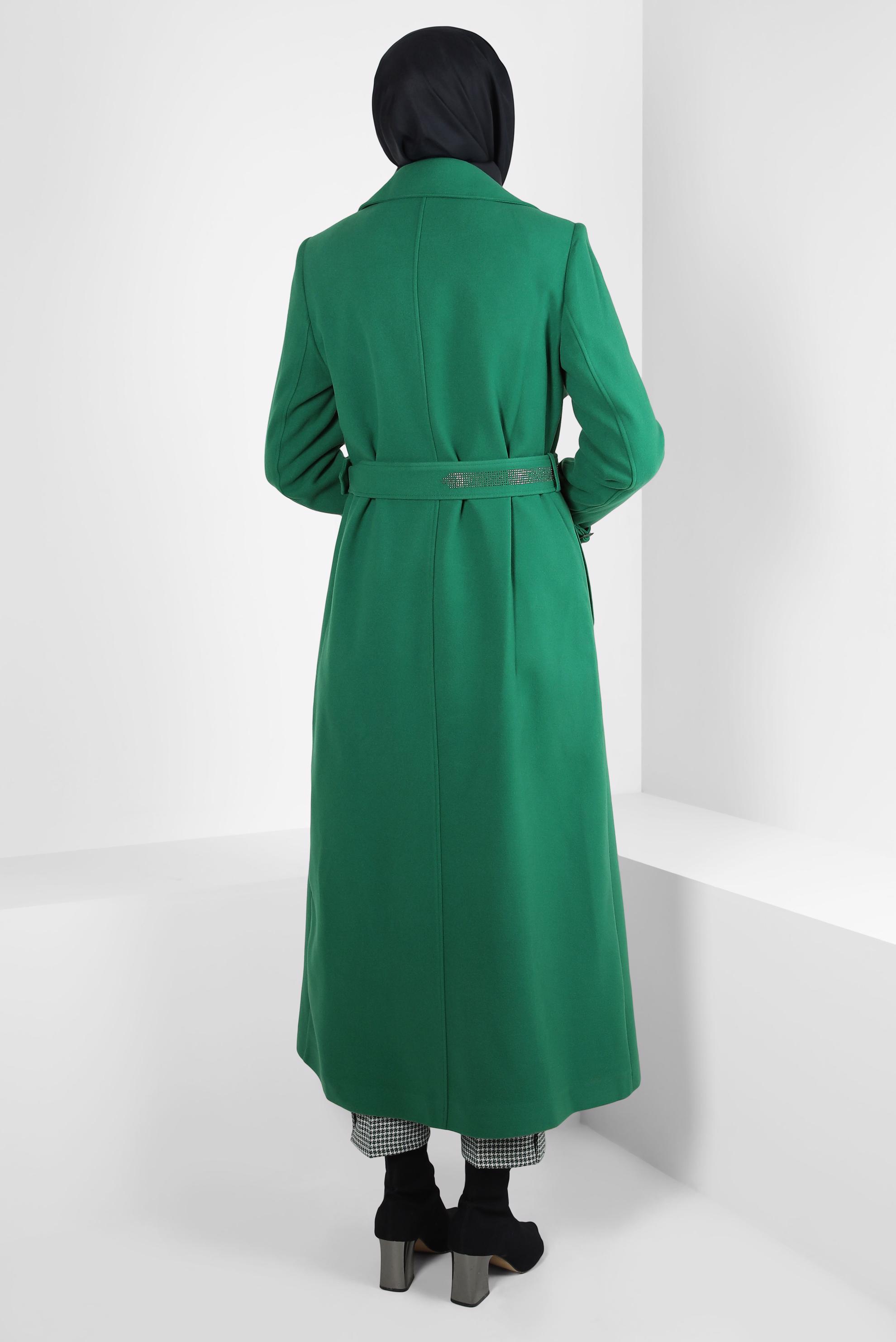 Tesettür giyim YEŞİL TAŞLI KEMERLİ MANTO 90408