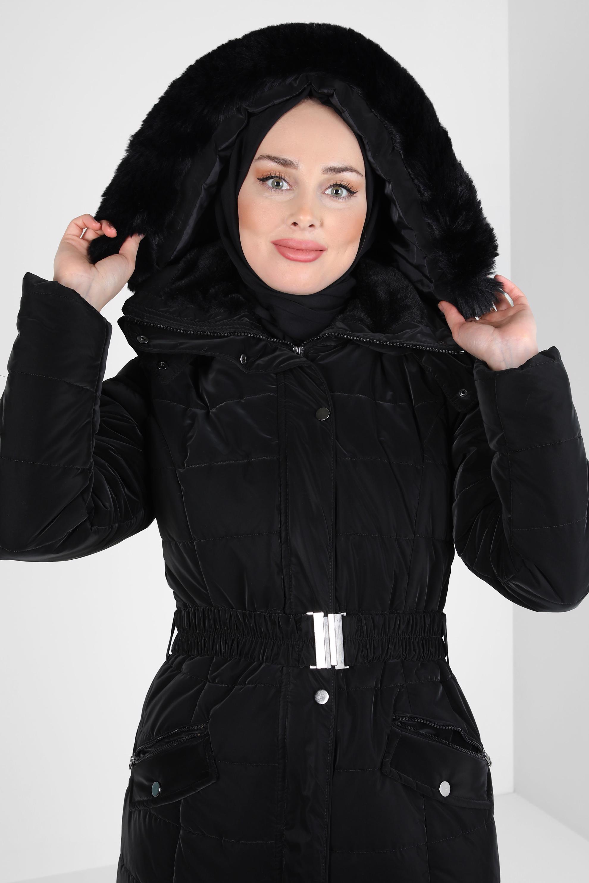 Tesettür giyim SİYAH KAPÜŞONLU KEMERLİ MANTO 90433