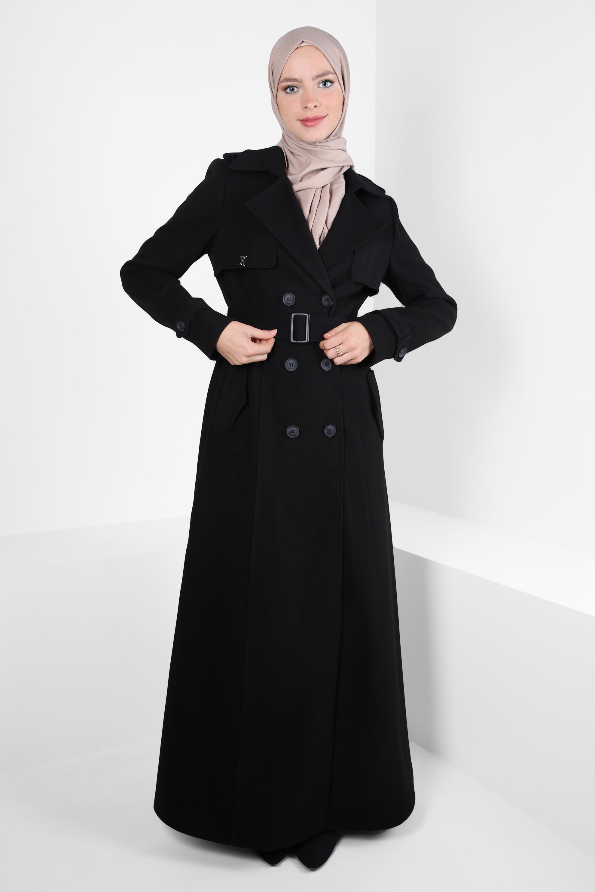 Tesettür giyim SİYAH KEMERLİ MANTO 90438