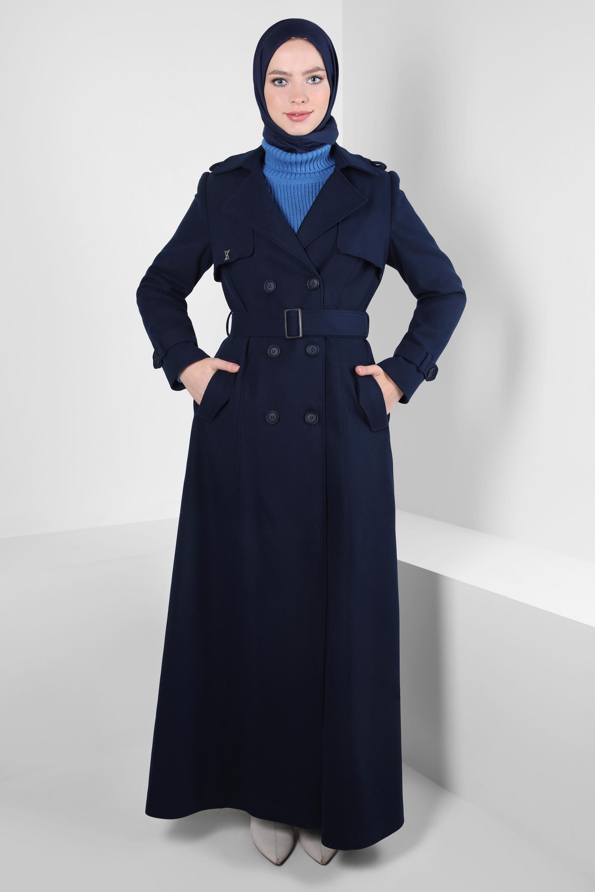 Vêtements hijab BLEU MARINE MANTEAU CEINTURE 90438