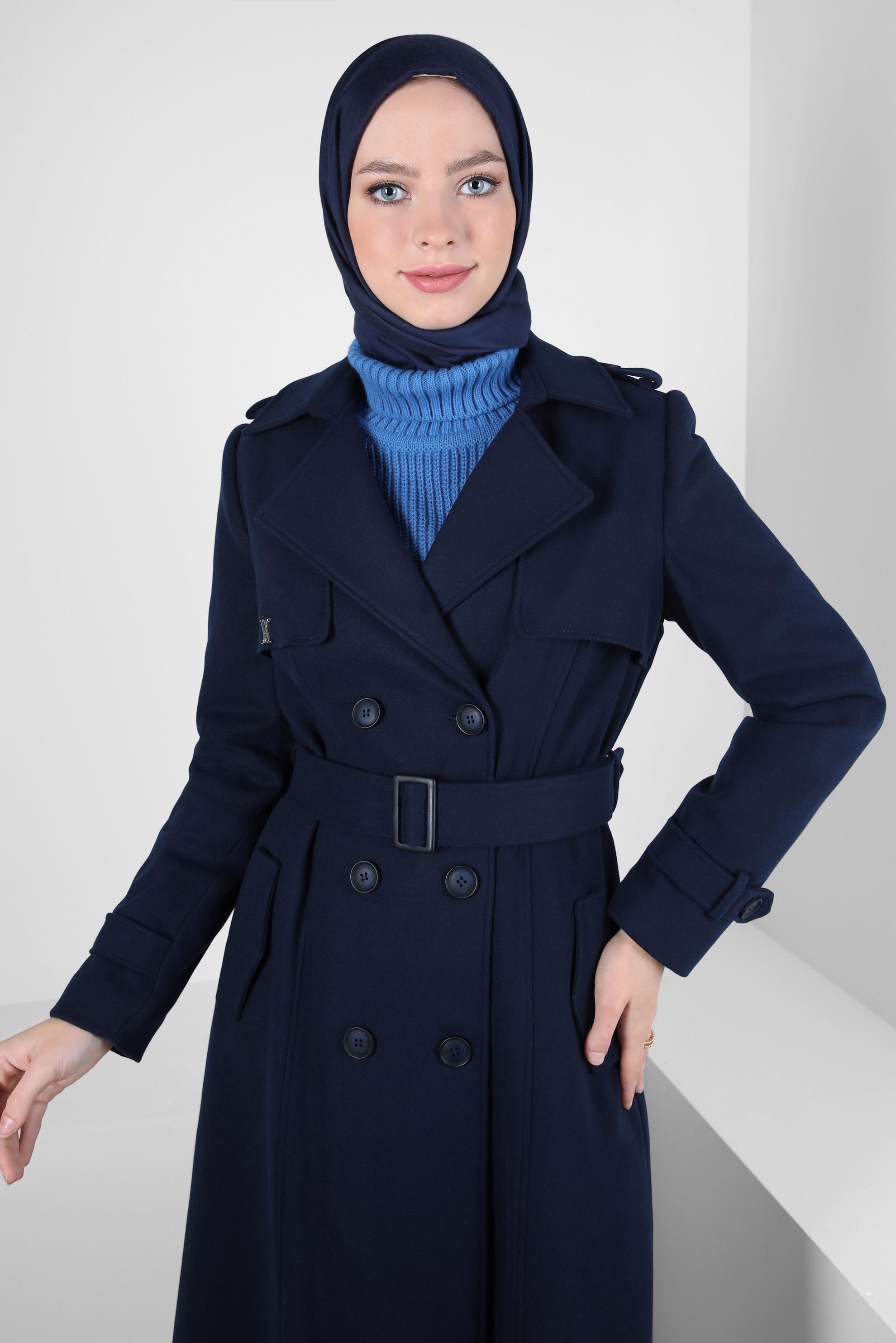 Vêtements hijab BLEU MARINE MANTEAU CEINTURE 90438