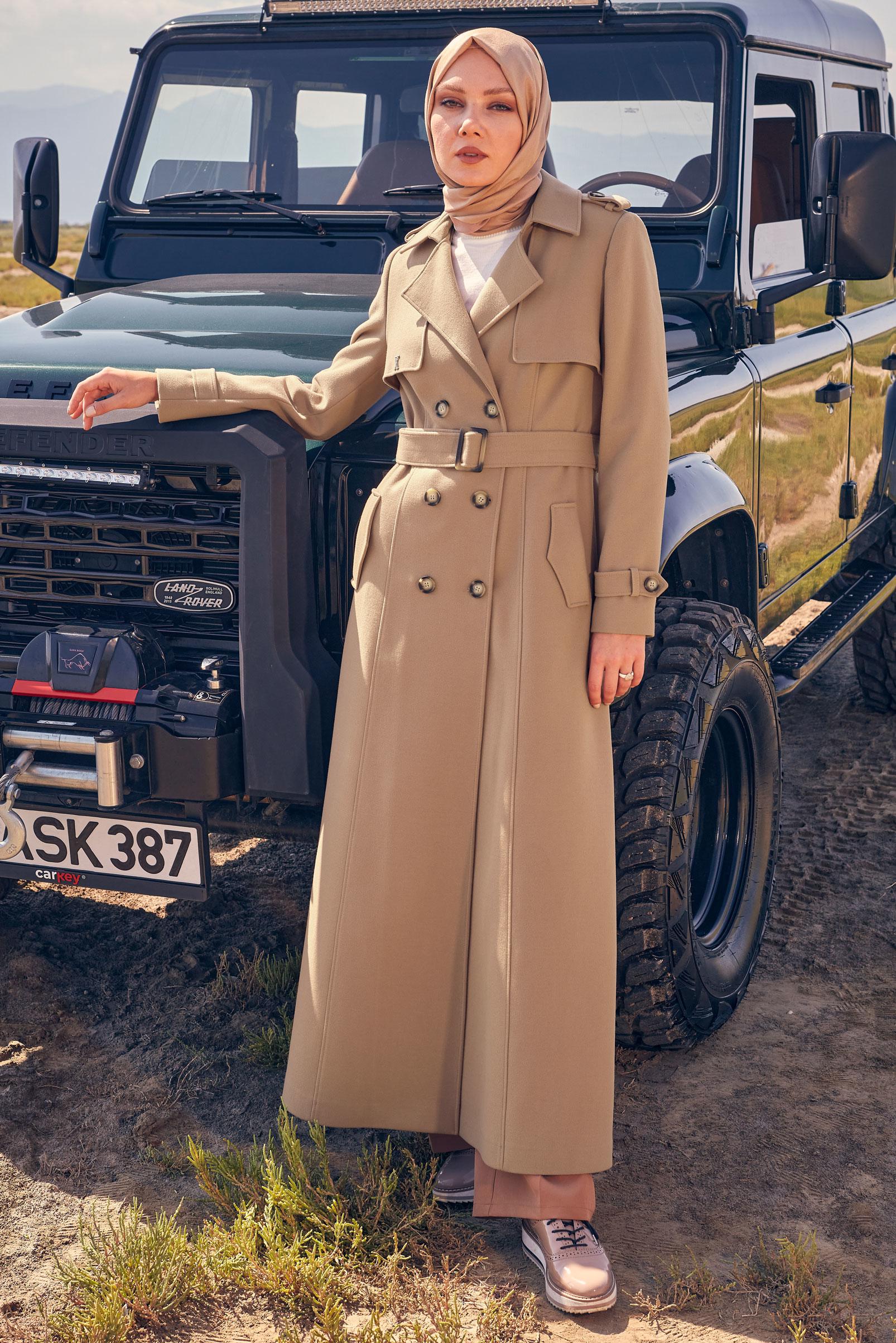 Vêtements hijab BRUN MANTEAU CEINTURE 90438