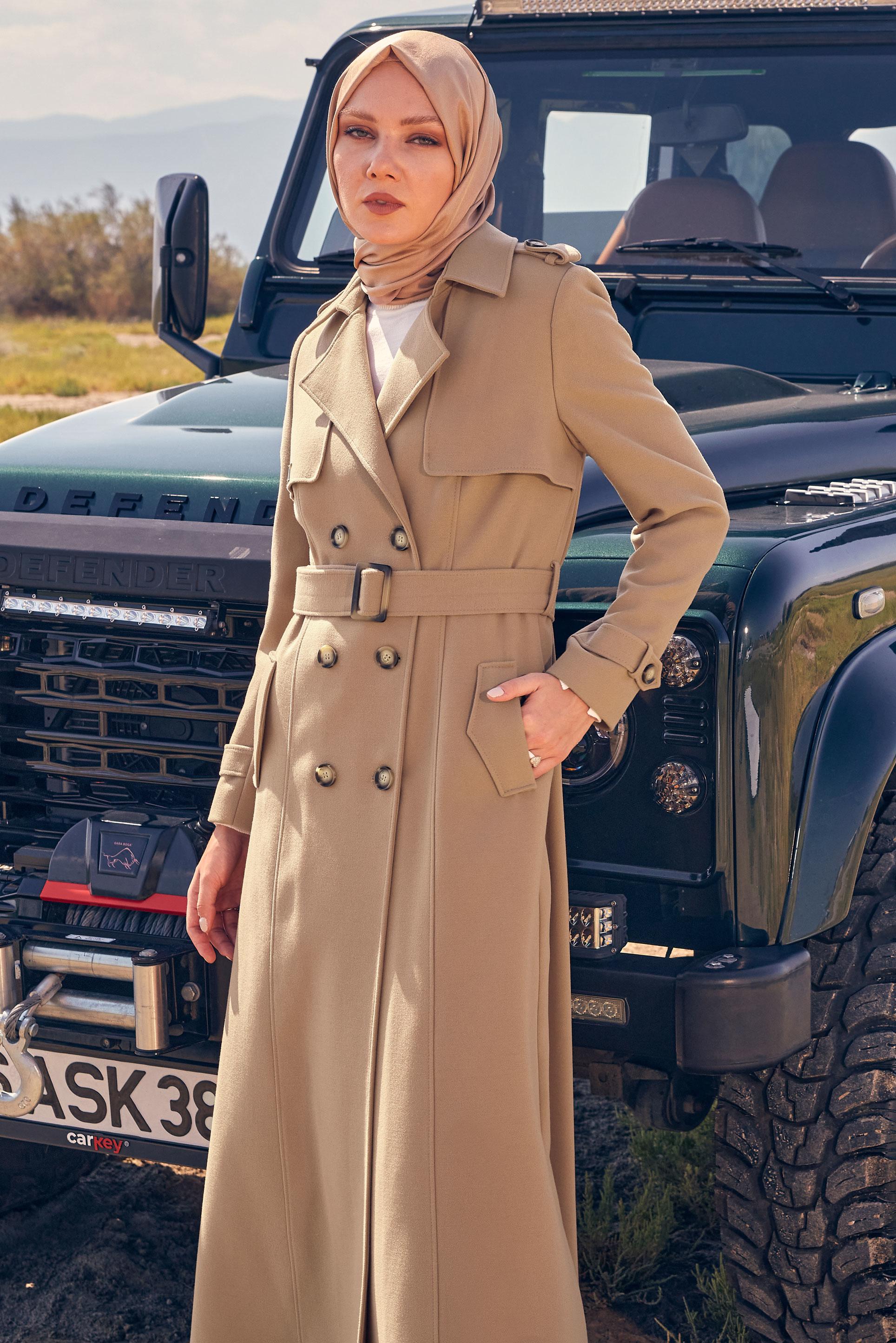 Vêtements hijab BRUN MANTEAU CEINTURE 90438