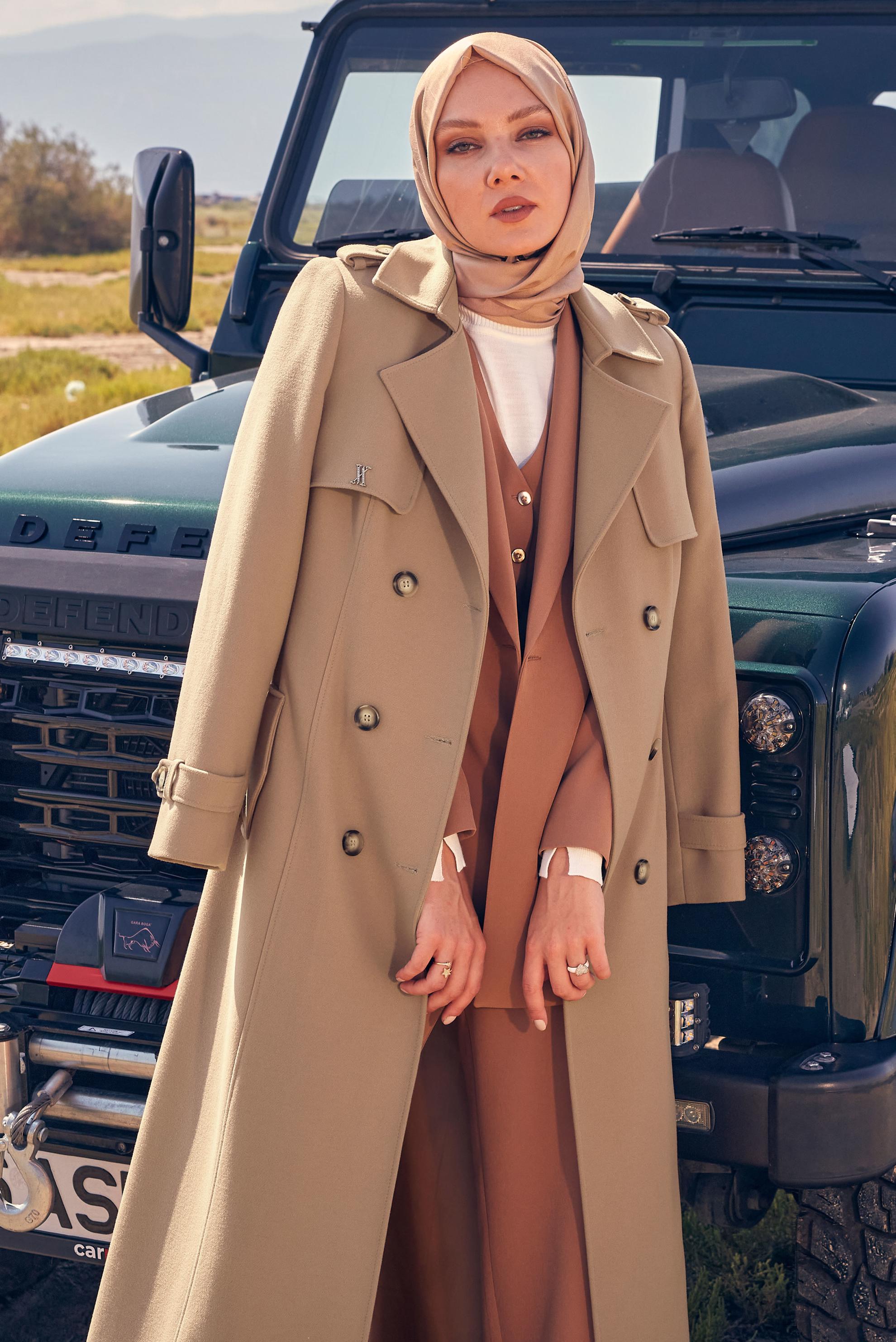 Vêtements hijab BRUN MANTEAU CEINTURE 90438