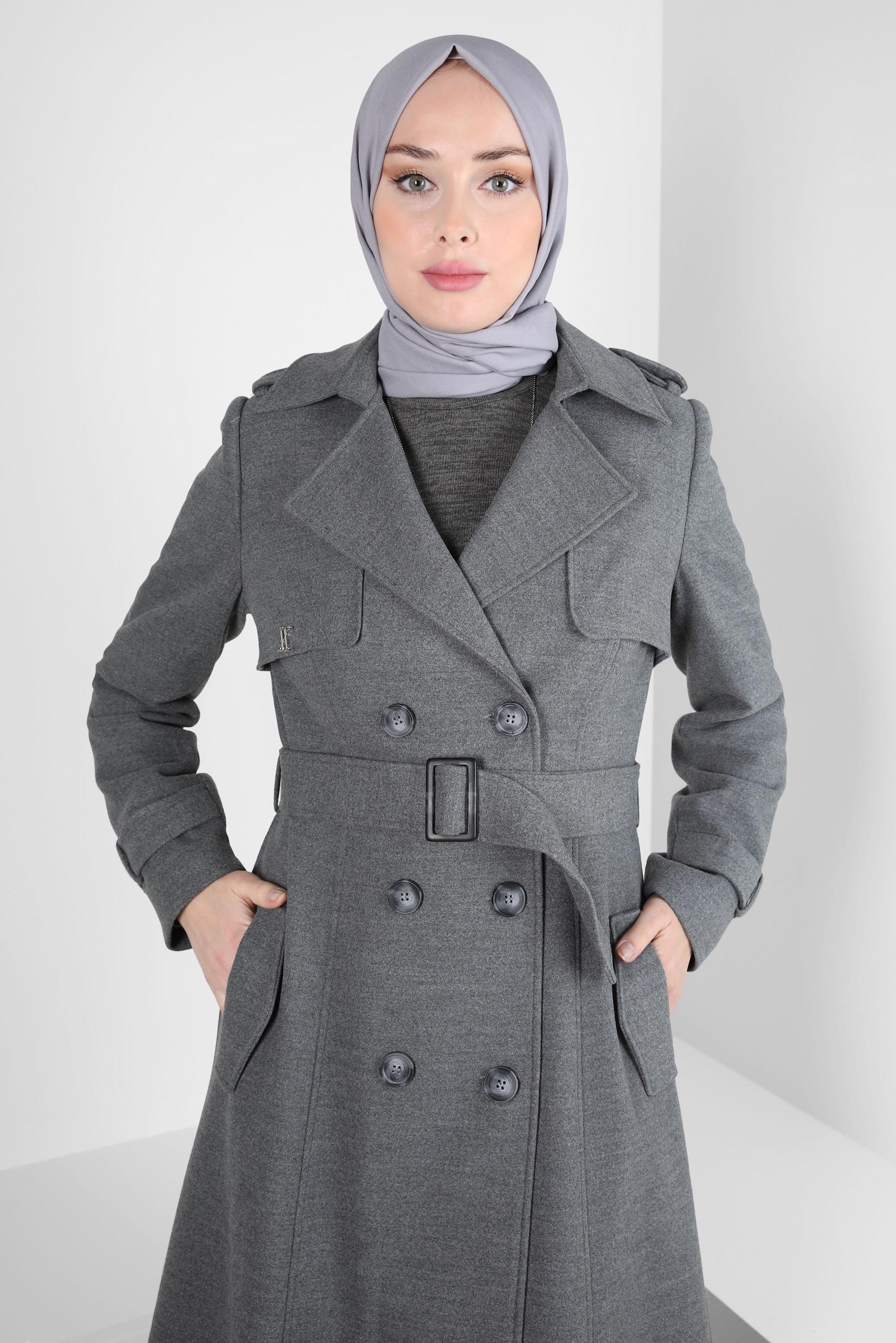 Vêtements hijab GRIS MANTEAU CEINTURE 90438