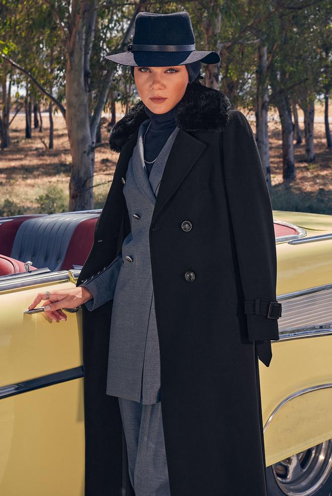 Vêtements hijab NOIR MANTEAU CEINTURE 90439 - ALVİNA