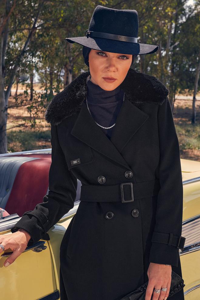 Vêtements hijab NOIR MANTEAU CEINTURE 90439 - ALVİNA