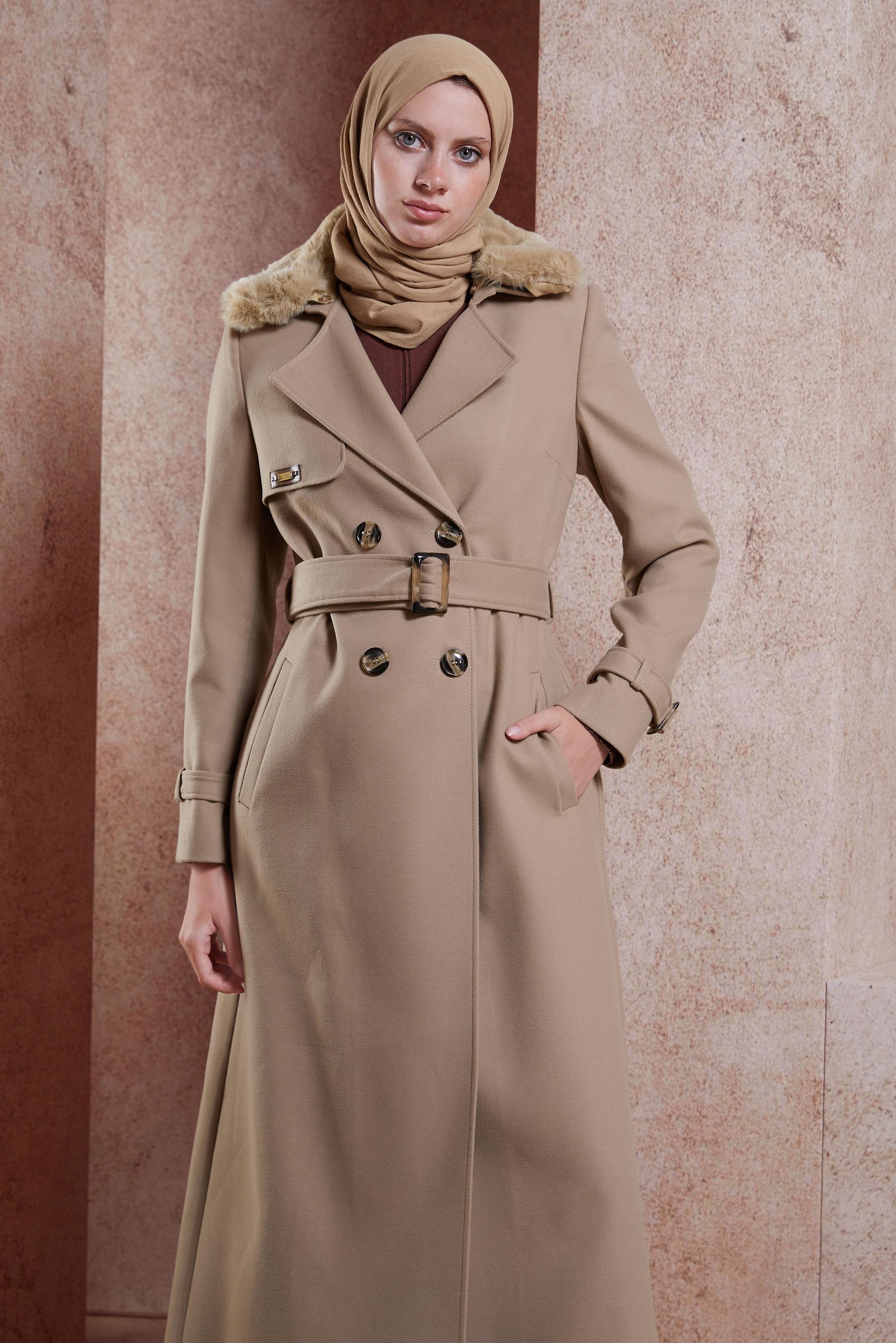 Vêtements hijab BRUN MANTEAU CEINTURE 90439