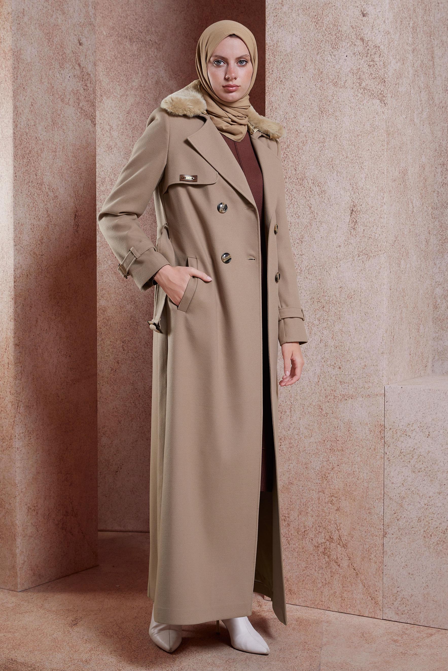 Vêtements hijab BRUN MANTEAU CEINTURE 90439