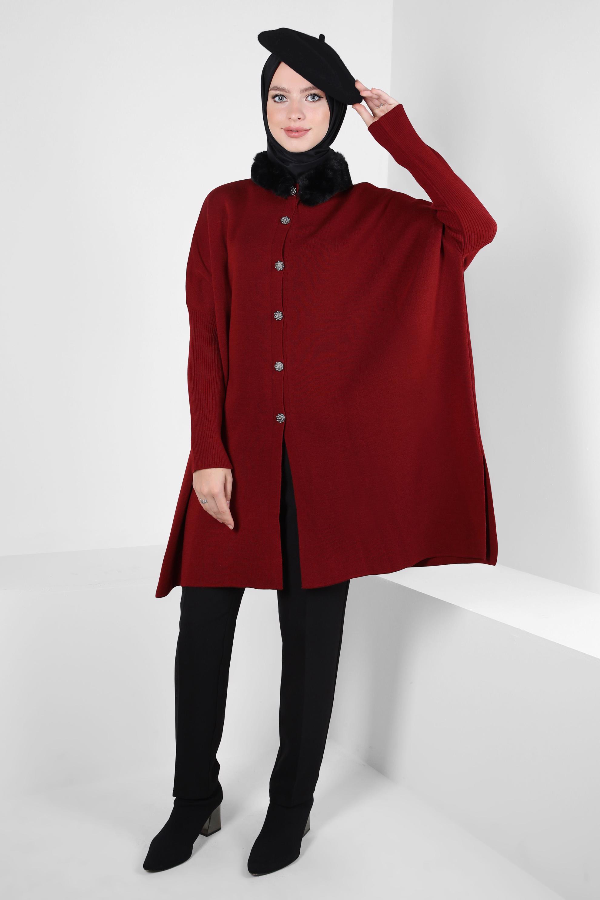 Vêtements hijab ROUGE BORDEAUX PONCHO TRICOT 44080