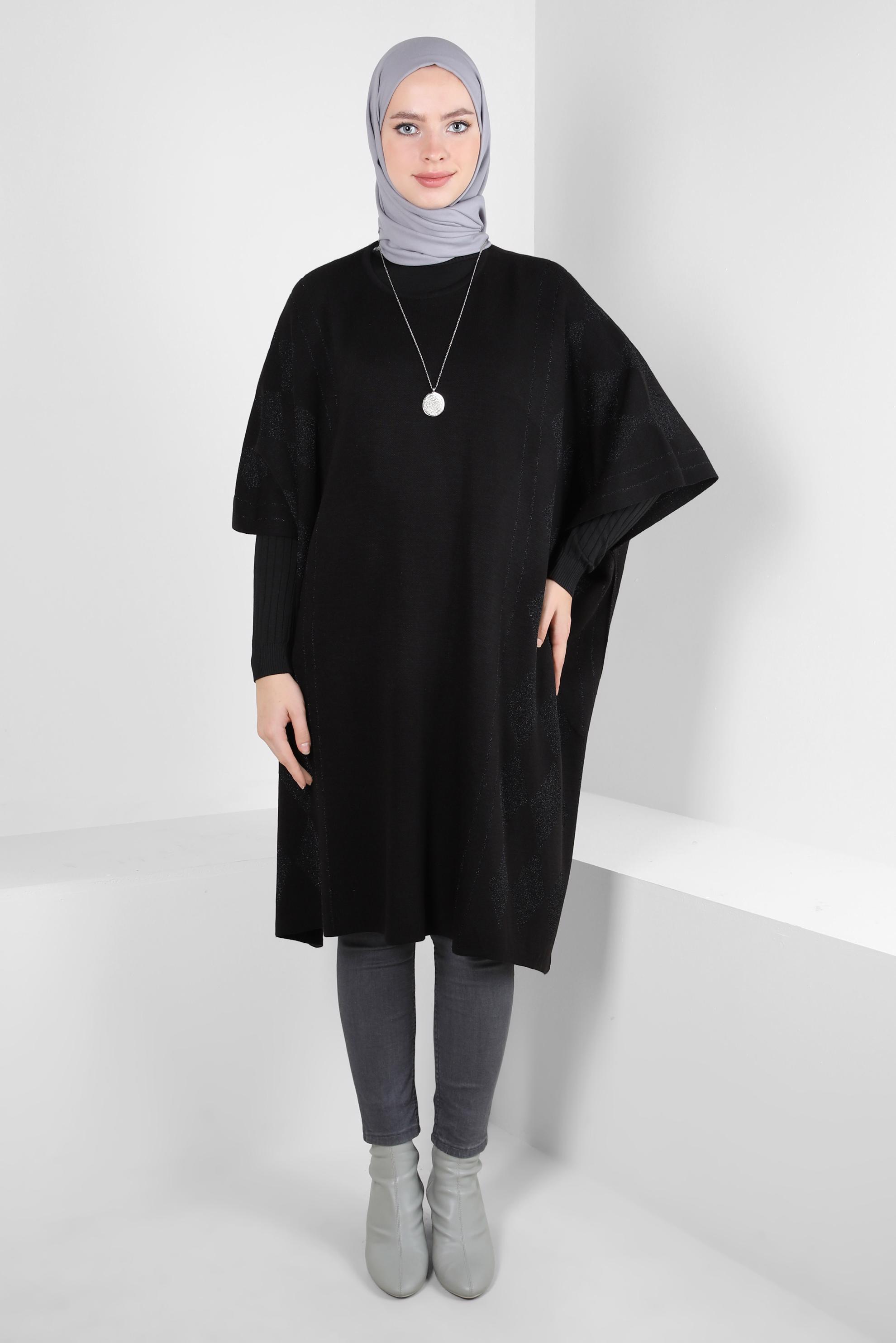 Tesettür giyim SİYAH TRİKO PANÇO 44095