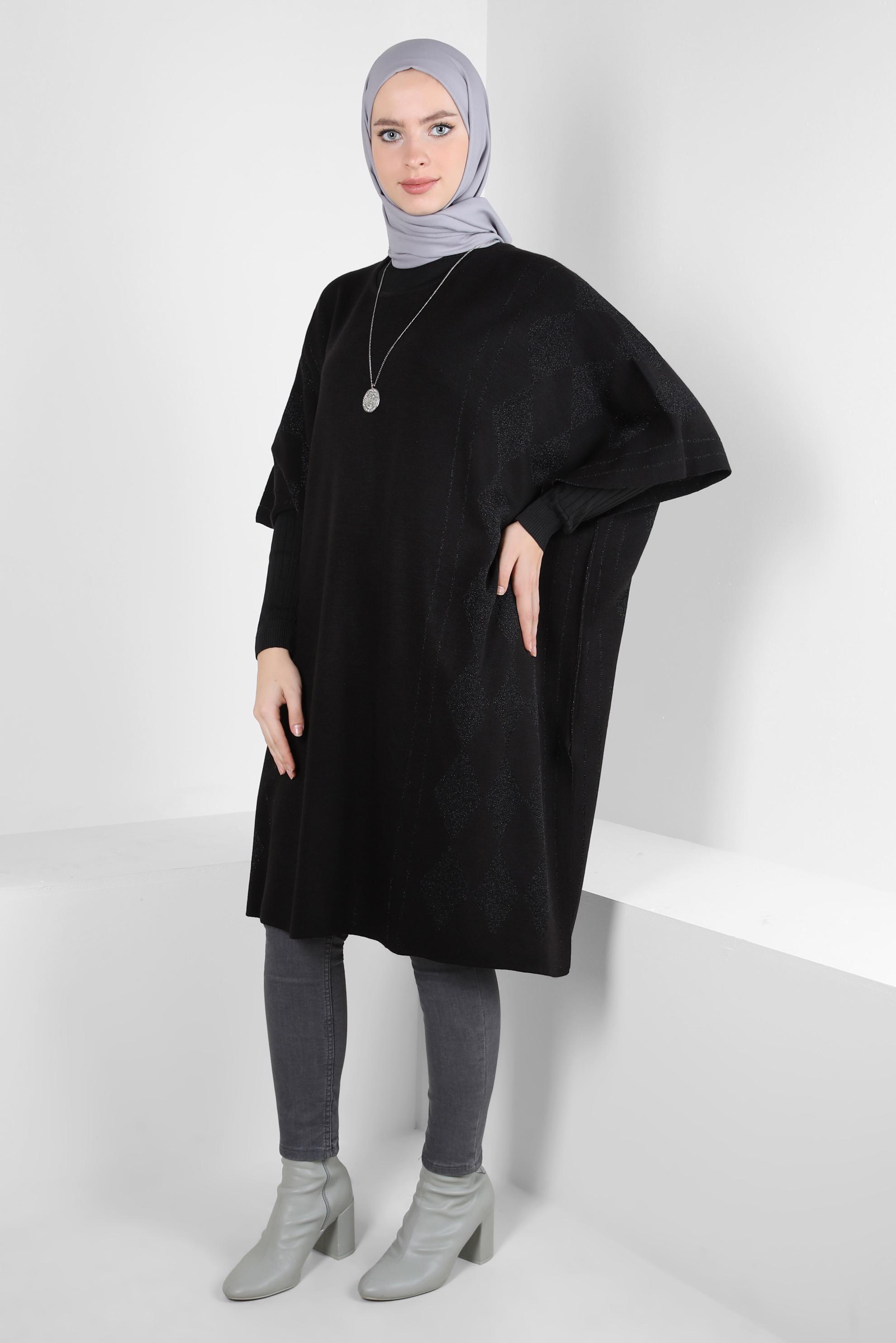 Tesettür giyim SİYAH TRİKO PANÇO 44095