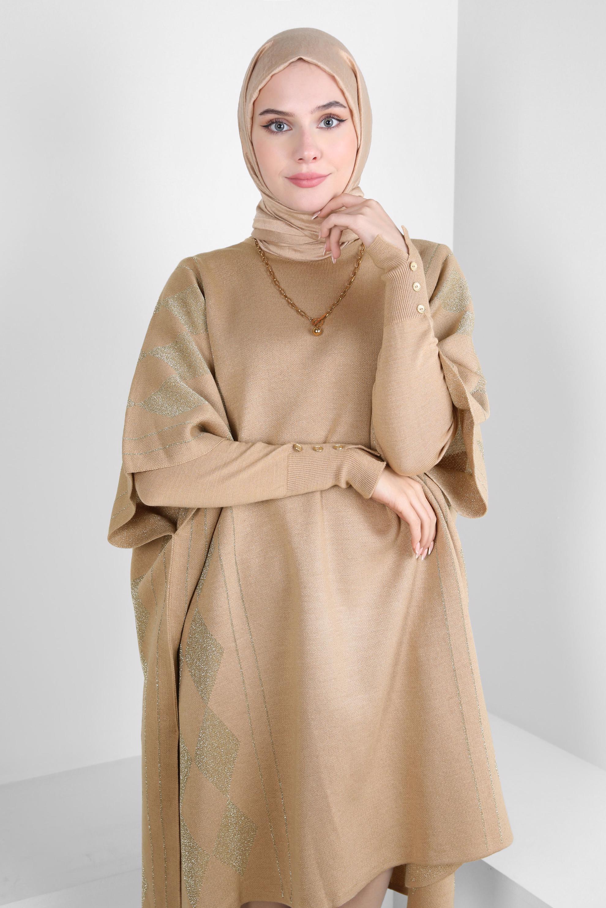 Tesettür giyim KAHVE TRİKO PANÇO 44095