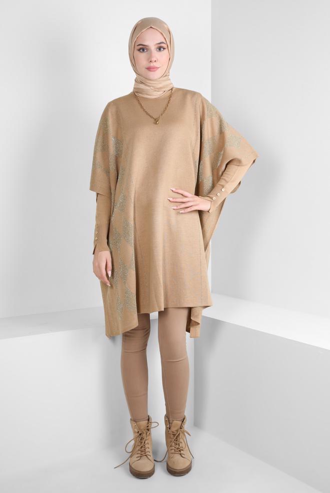 Tesettür giyim KAHVE TRİKO PANÇO 44095 - ALVİNA