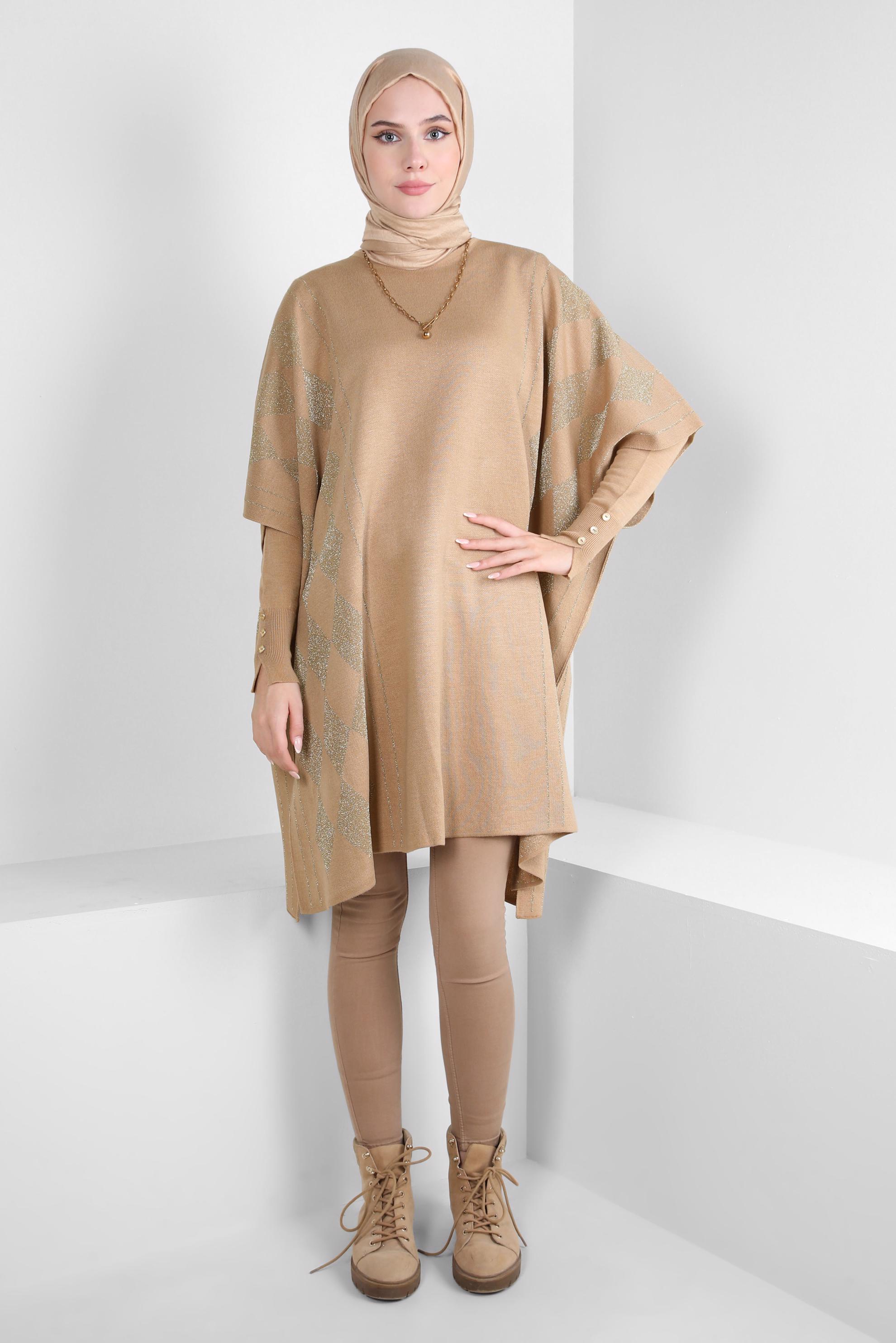 Tesettür giyim KAHVE TRİKO PANÇO 44095