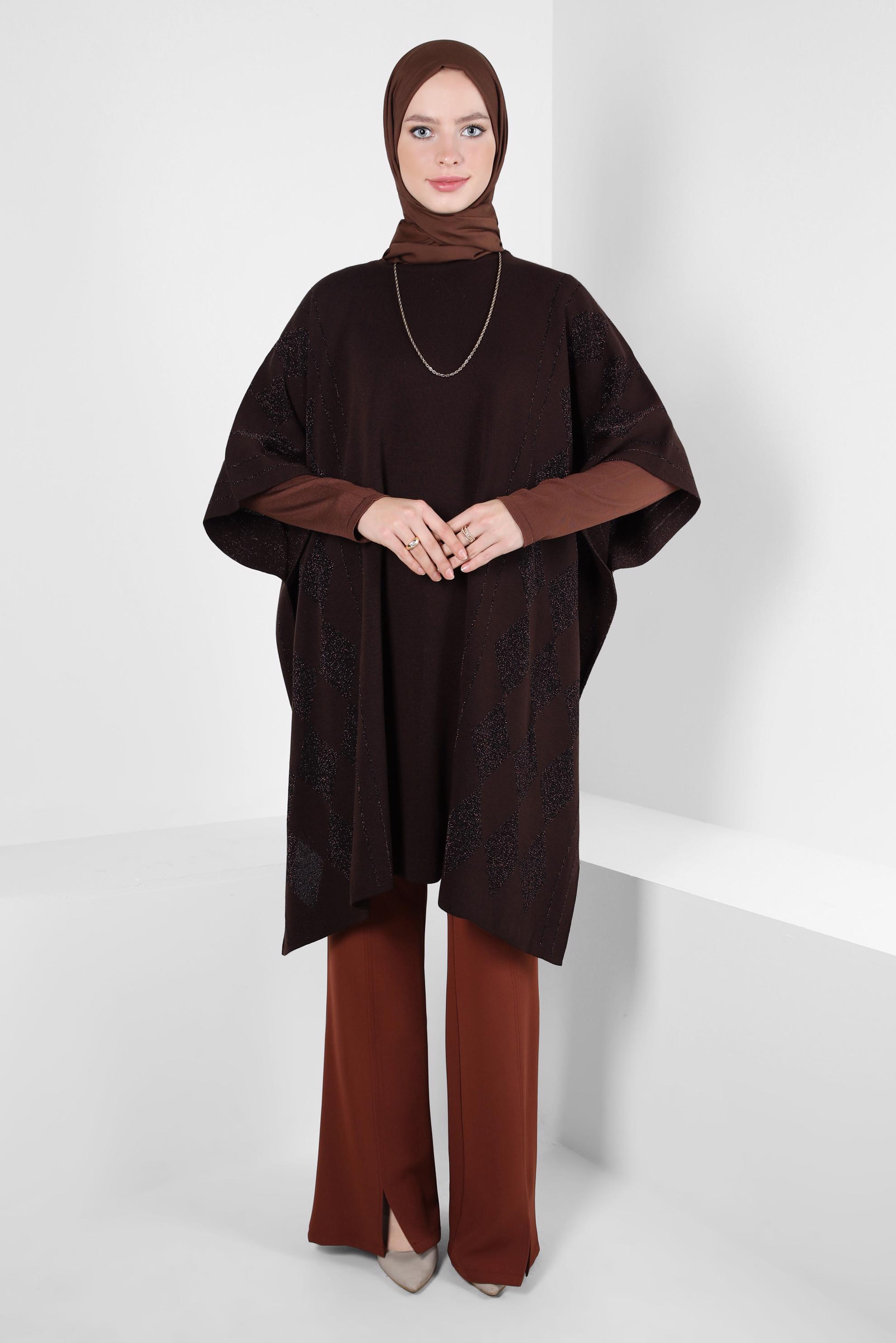 Tesettür giyim KAHVE TRİKO PANÇO 44095