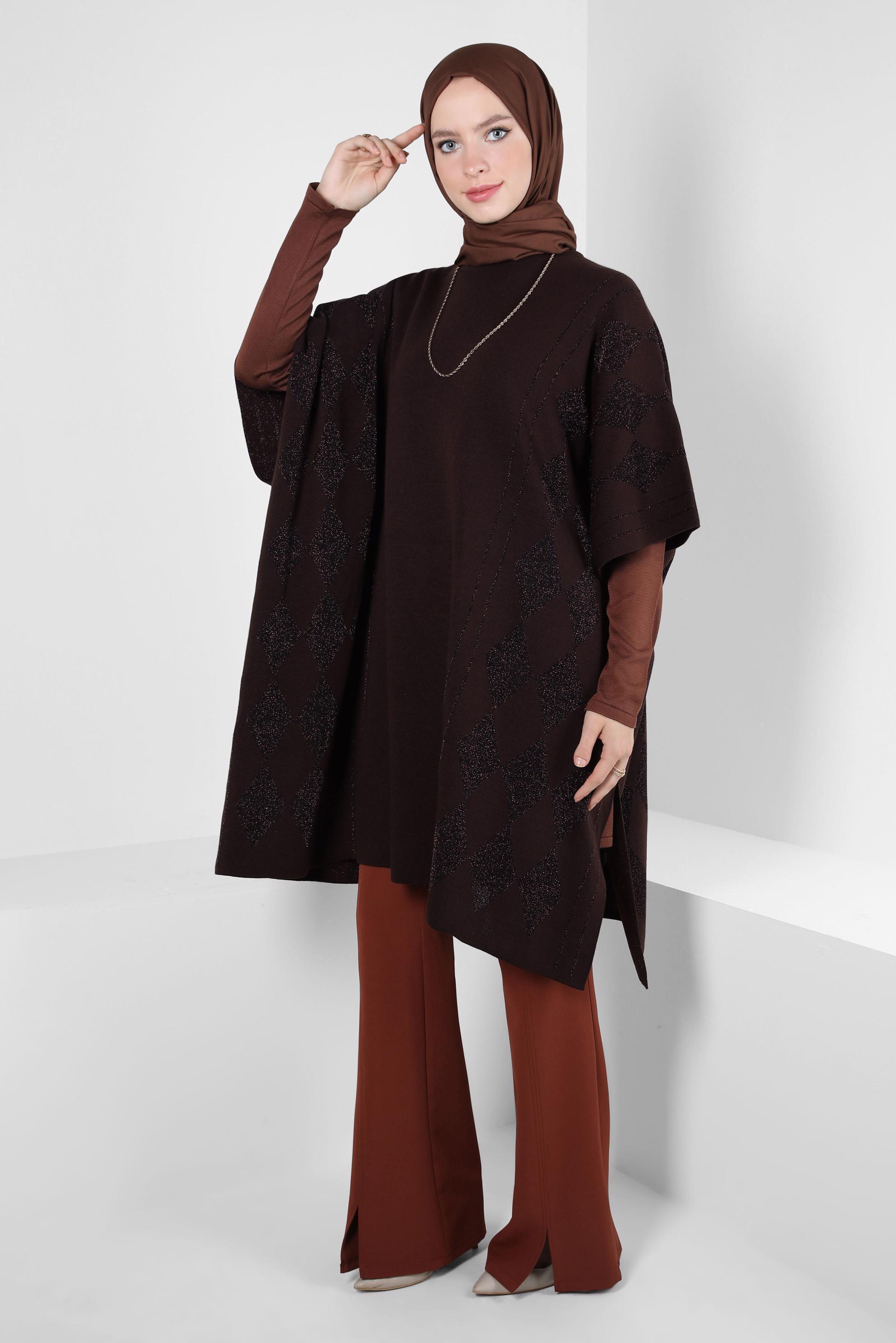 Tesettür giyim KAHVE TRİKO PANÇO 44095