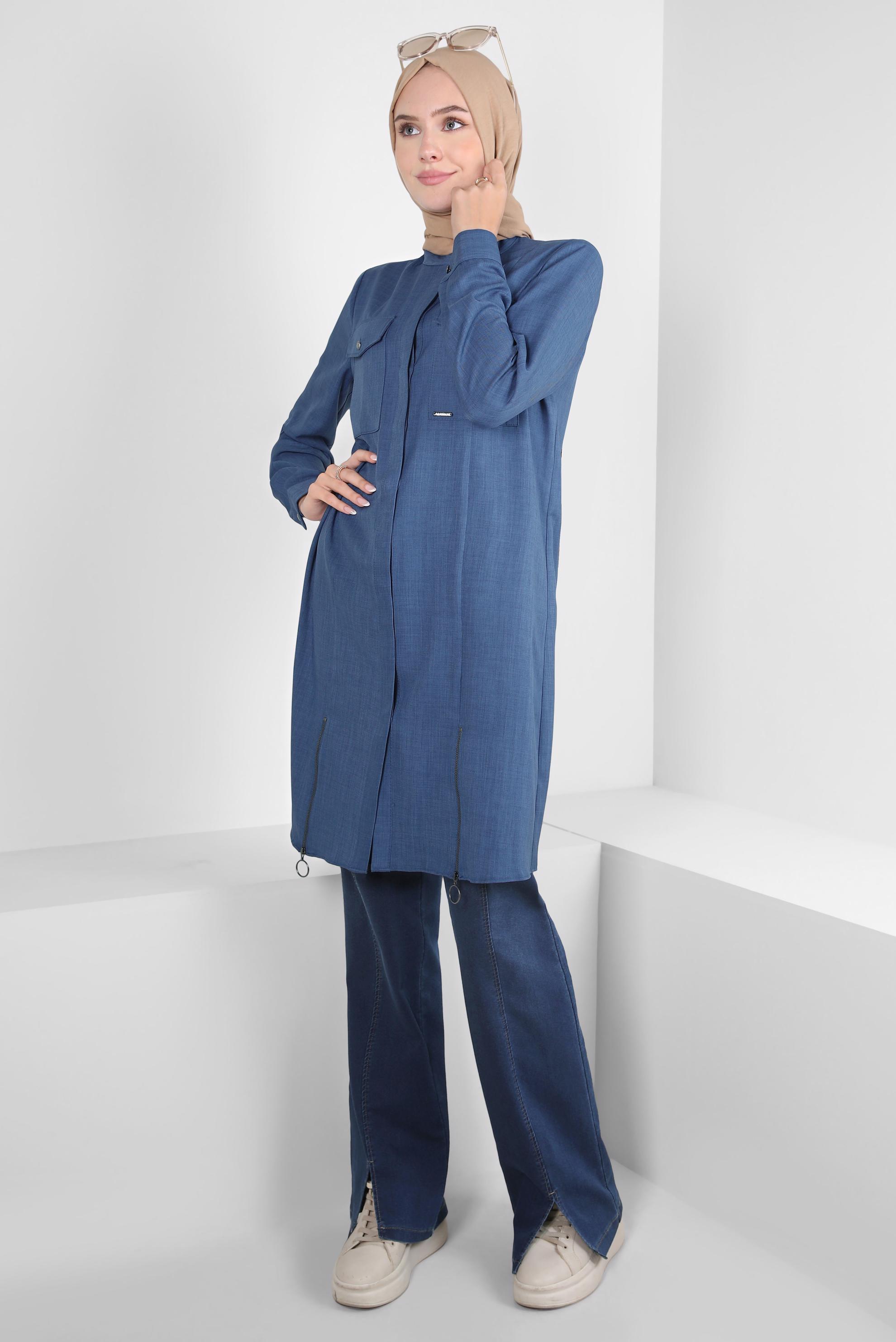 Tesettür giyim MAVİ YIRTMAÇ DETAYLI DENİM PANTOLON 70601