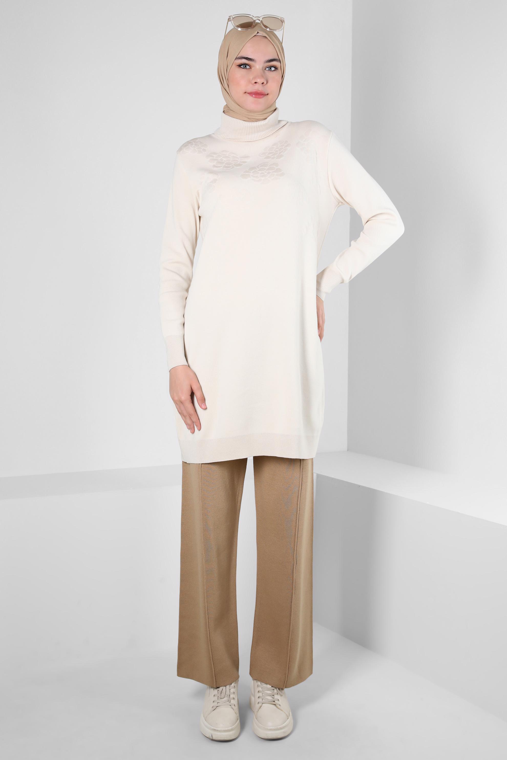 Tesettür giyim KAHVE BELİ LASTİKLİ TRİKO PANTOLON 70607 