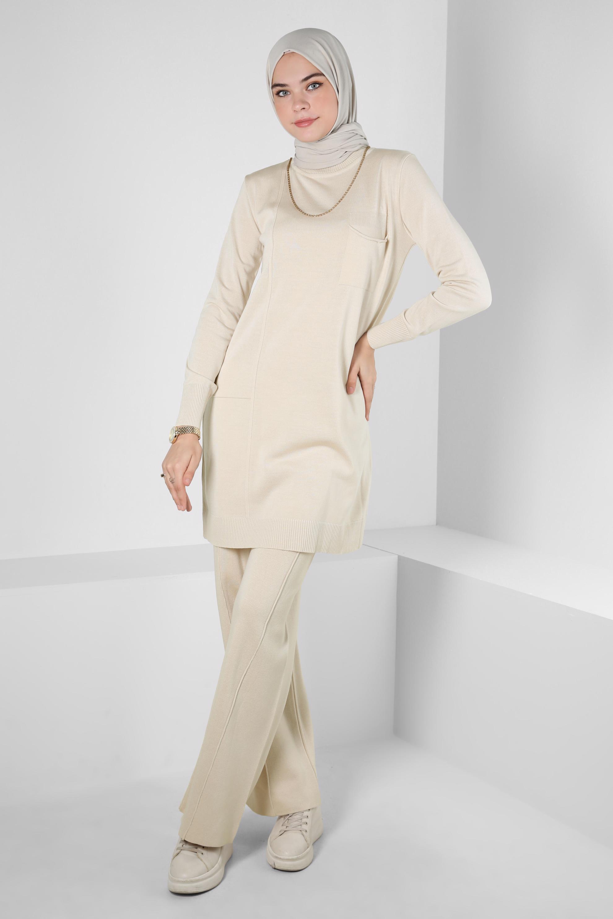 Vêtements hijab BEIGE PANTALON EN TRICOT À TAILLE ÉLASTIQUE 70607