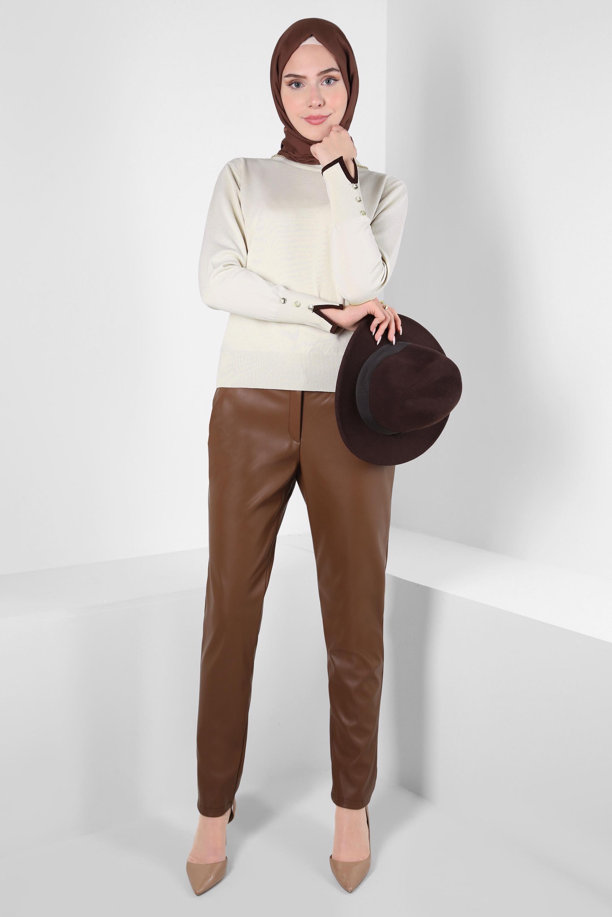 Tesettür giyim TABA SUNİ DERİ PANTOLON 70634