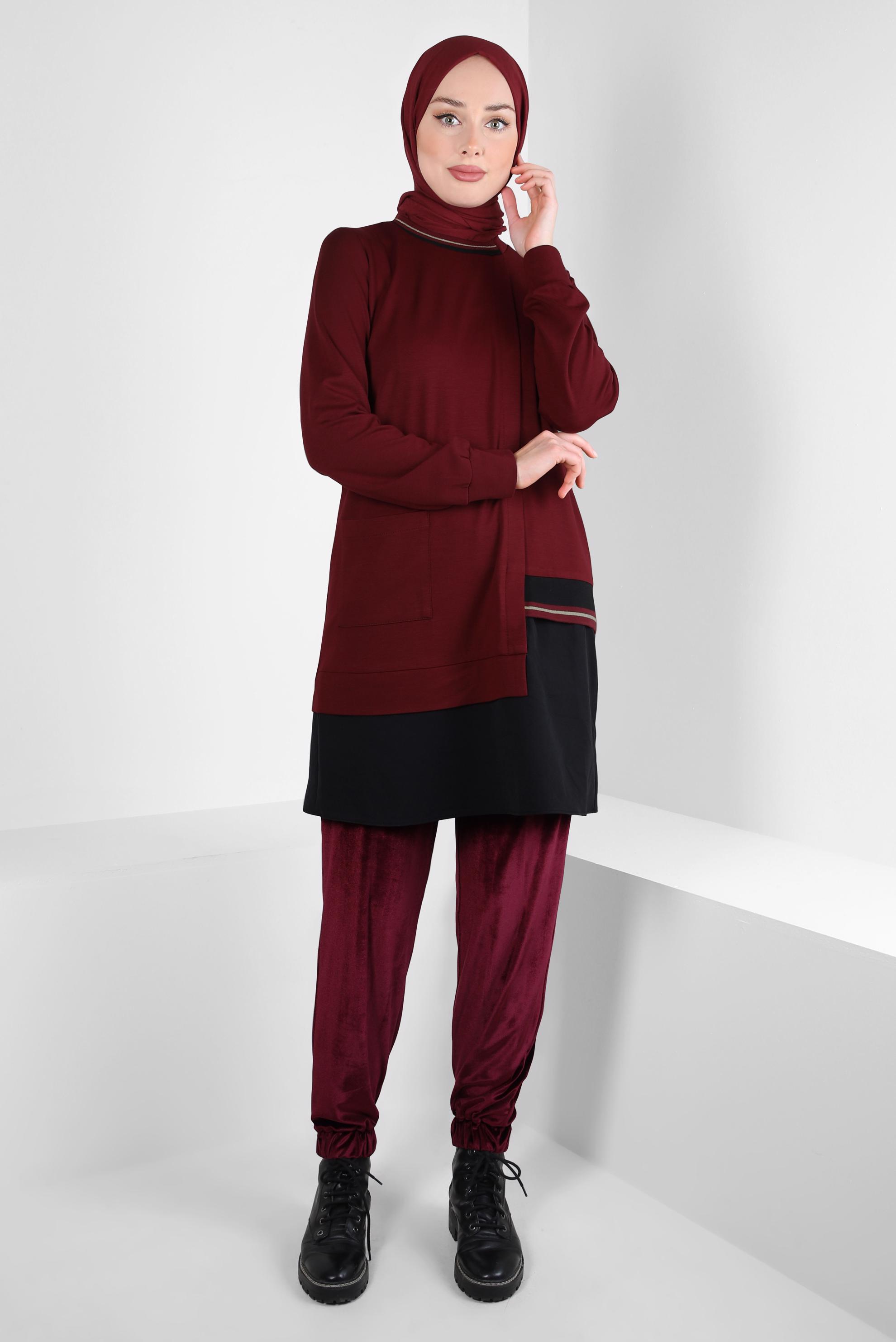 Tesettür giyim BORDO KADİFE PANTOLON 70642
