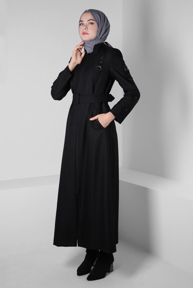 Tesettür giyim SİYAH KEMERLİ PARDESÜ 10803 - ALVİNA