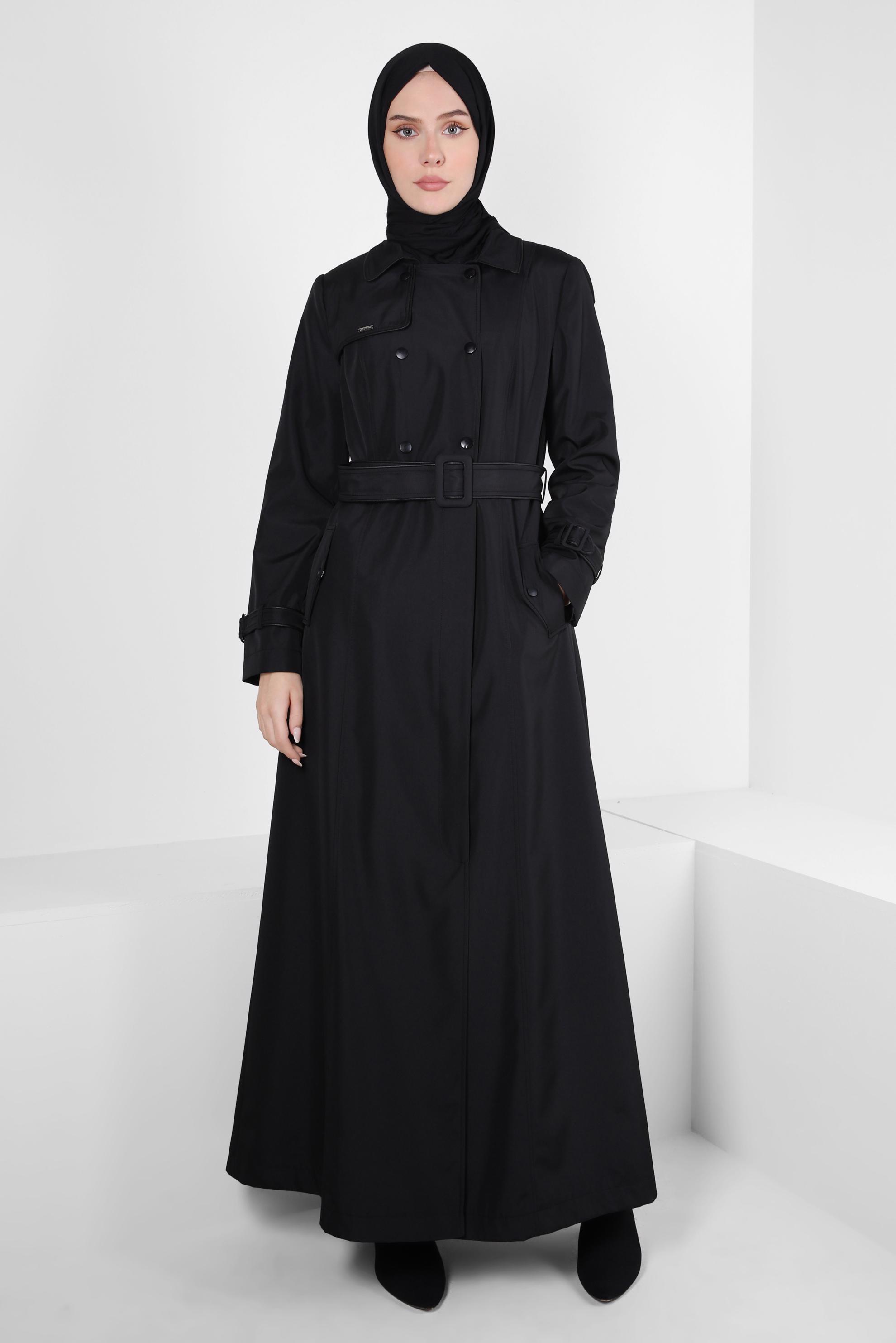 Tesettür giyim SİYAH KEMERLİ CEPLİ PARDESÜ 10806