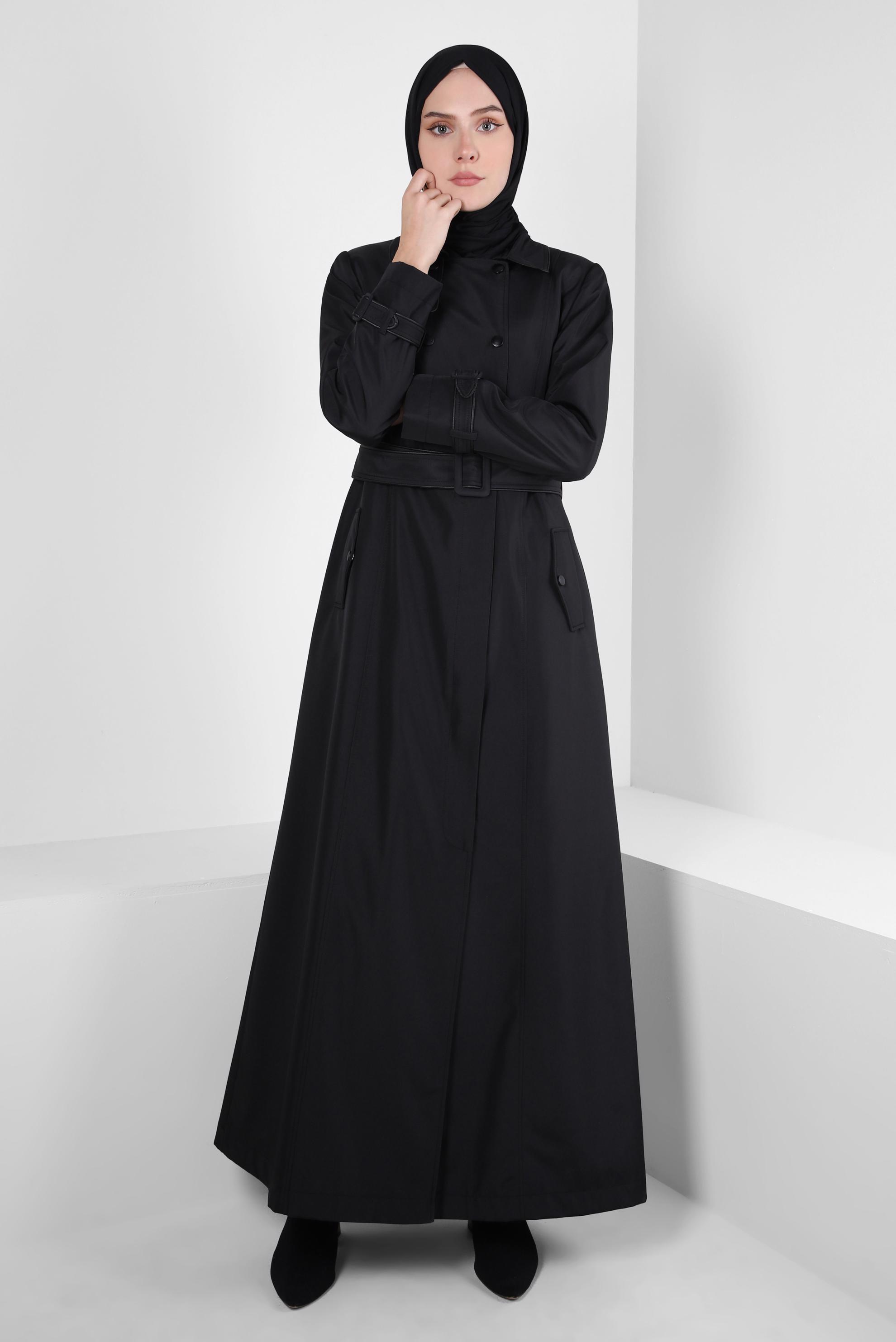 Tesettür giyim SİYAH KEMERLİ CEPLİ PARDESÜ 10806